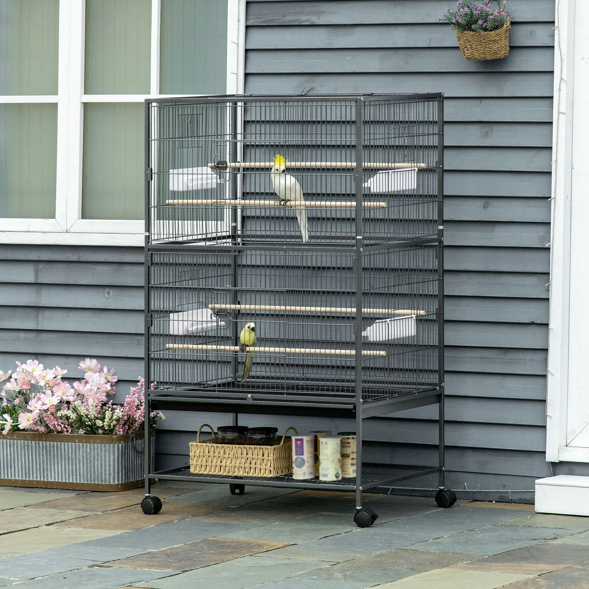 Pawhut Grey Large Bird Cage Budgie Cage For Finch Canaries Parrot With Stand