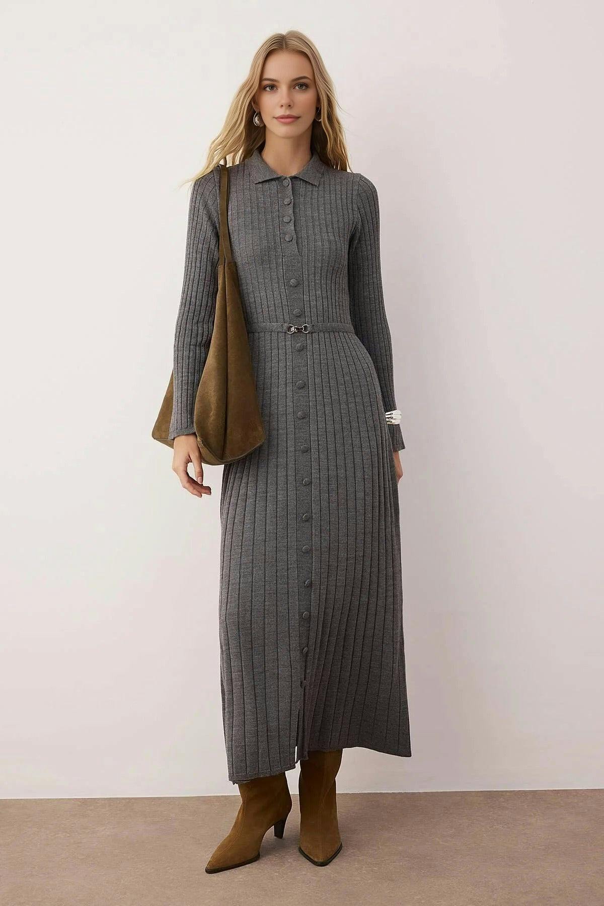 Wovcor Dark/Grey Ribbed Knit Dress With Belt Detail - Xl