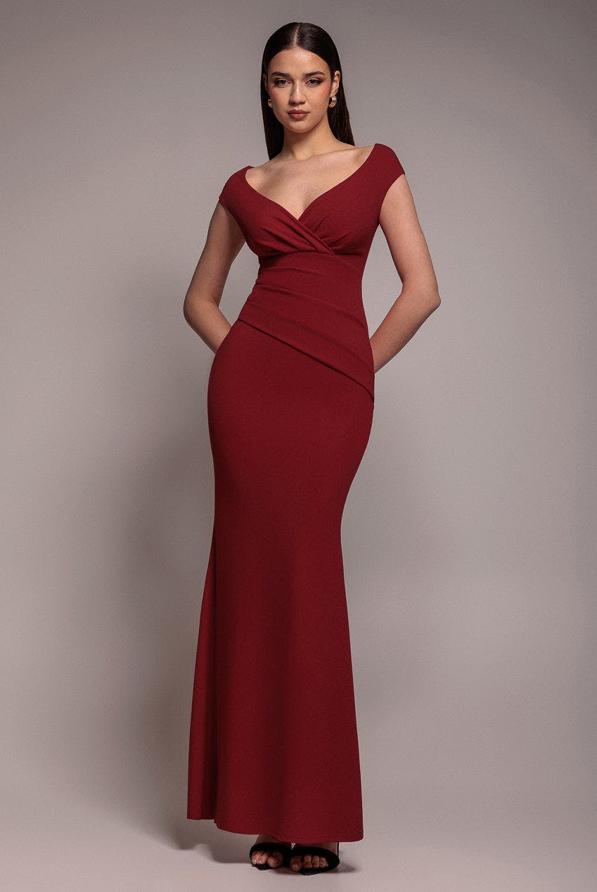 Goddiva Burgundy Bardot Pleated Maxi Dress - By - 16