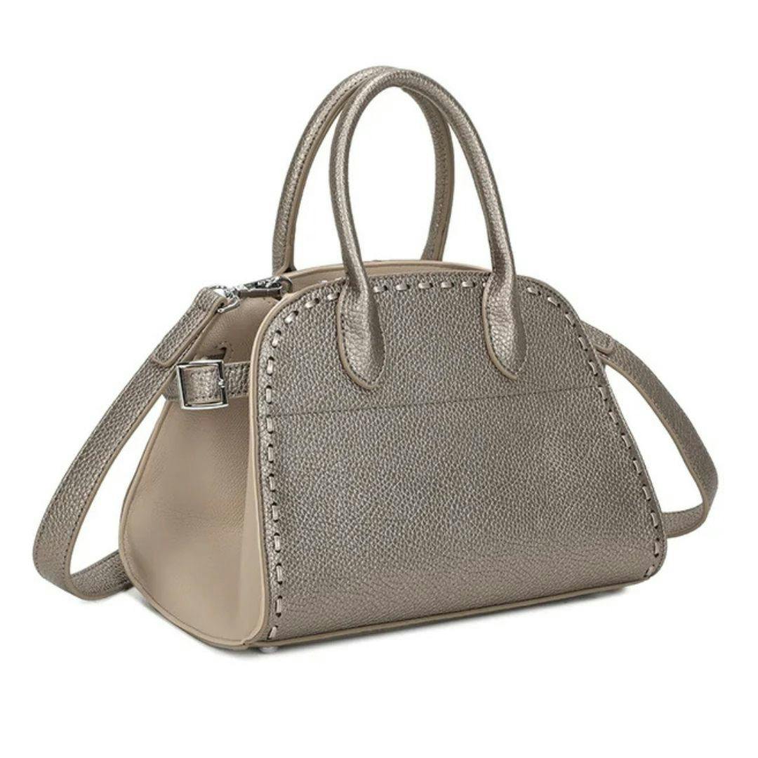 Love Emvy Silver Buckle Stitch Two-Tone Faux Leather Grab Bag - Antique