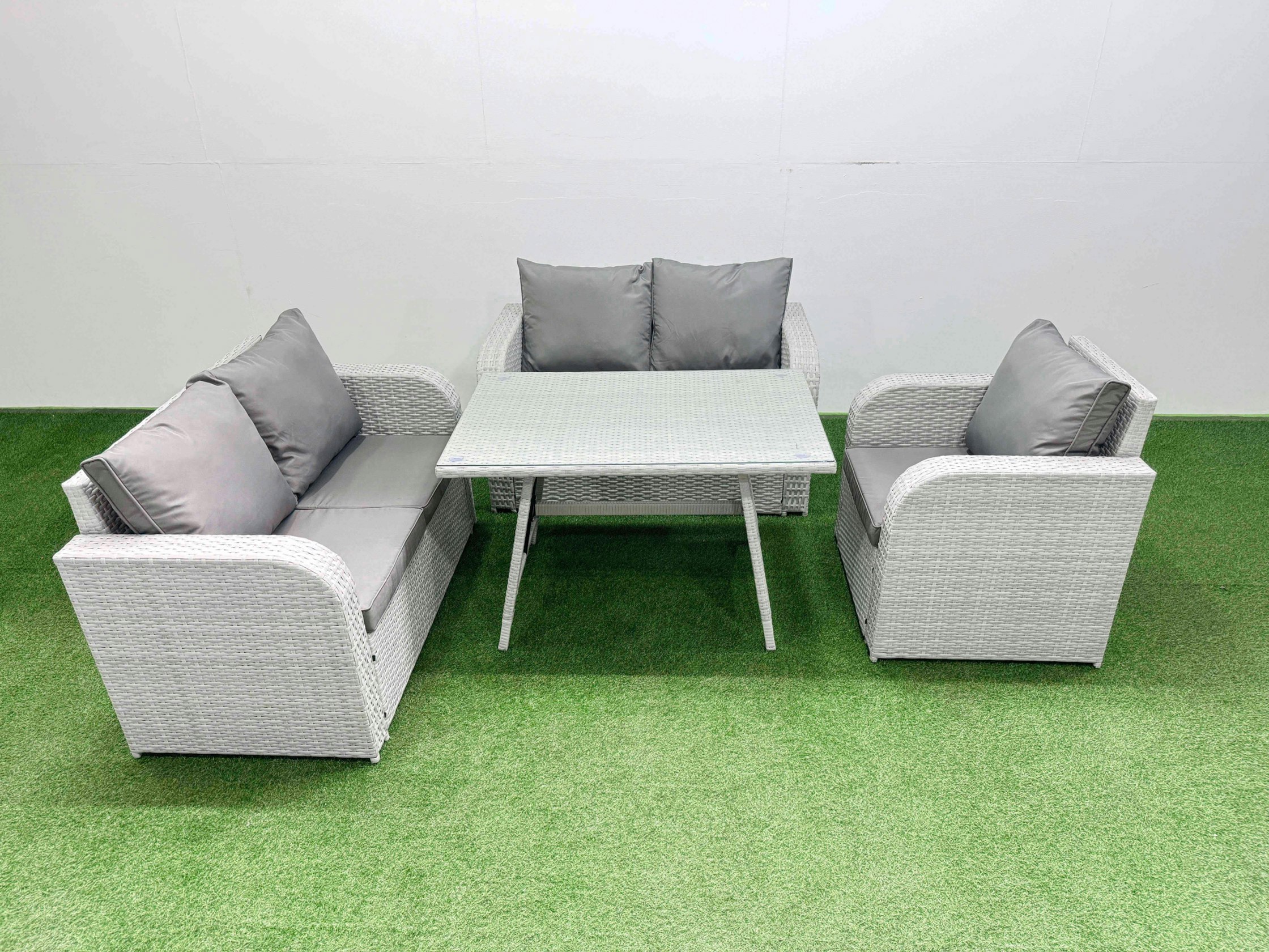 Rackhams Light/Grey 5 Seater Outdoor Rattan Garden Furniture Set Love Sofa Reclining Chair Set With Rectangular Dining Table