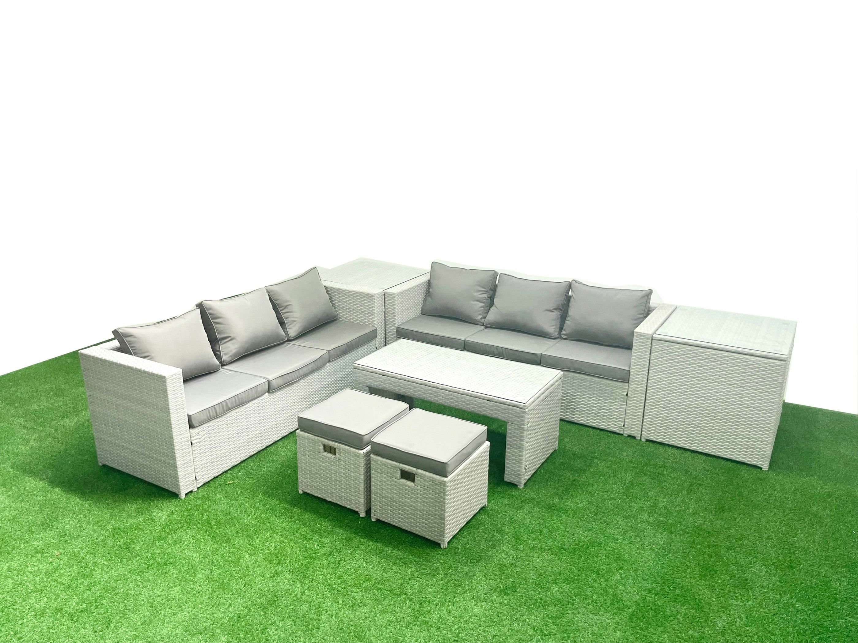 Rackhams Light/Grey 8 Seater Garden Outdoor Rattan Furniture Set Rattan Garden Sofa Oblong Coffee Table With 2 Small Footstool 2 Side Tables Mixed