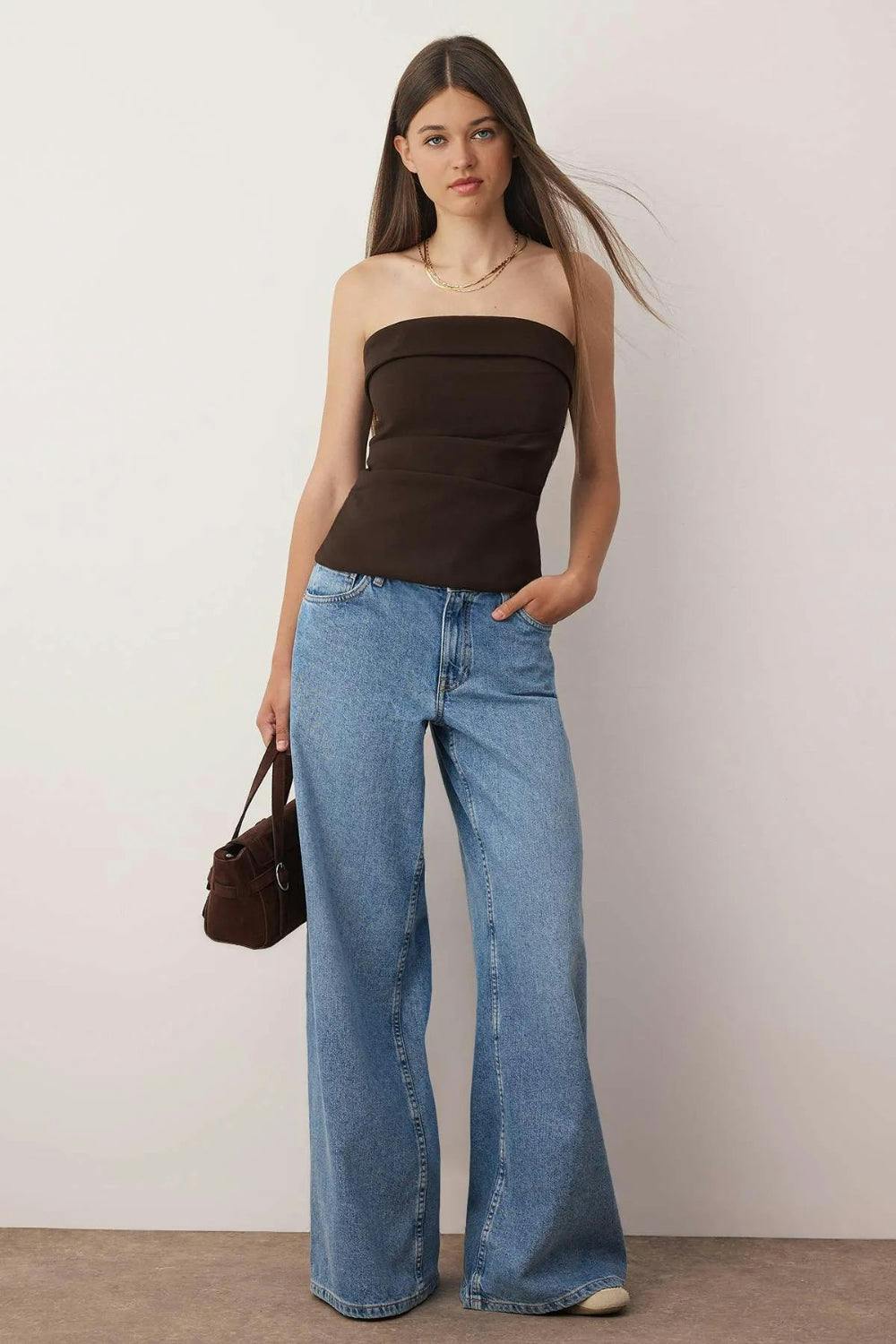 Hoxton Gal Brown Strapless Fitted Draped Woven Blouse - 6