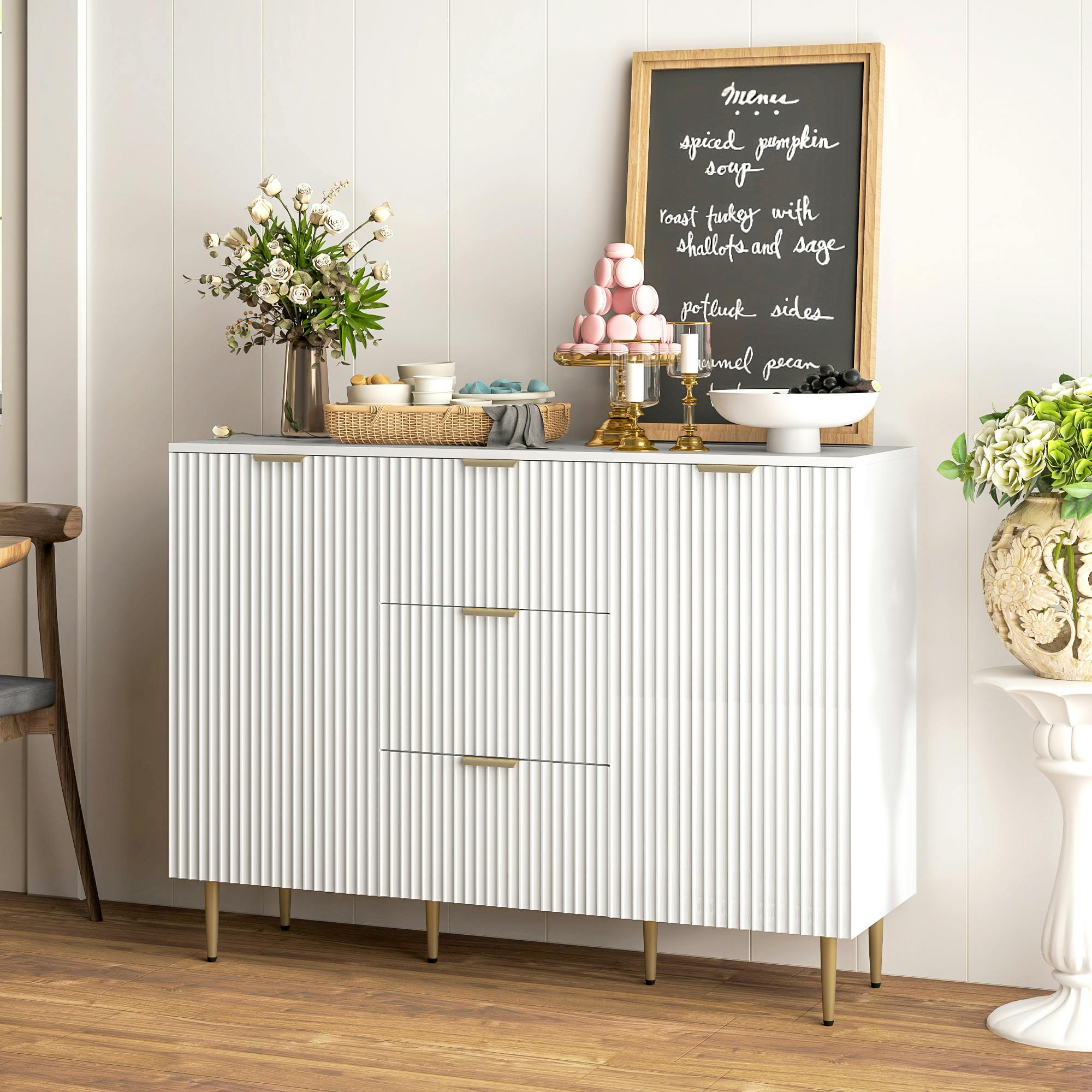 Rackhams White Sideboard Buffet Cabinet W/ 3 Drawers And Adjustable Shelves,