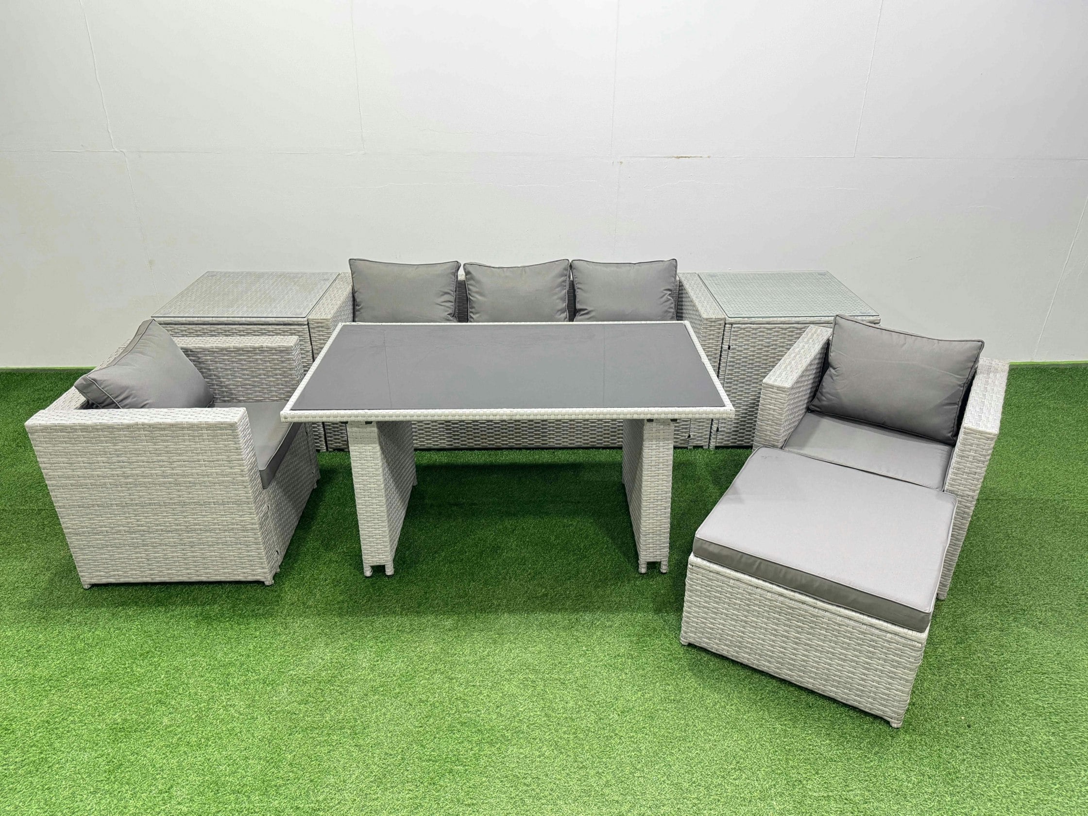 Fimous Black/Light/Grey Patio Garden Furniture Sets With Glass Top Dining Table Armchair 3 Seater Sofa 2 Side Tables Big Stool