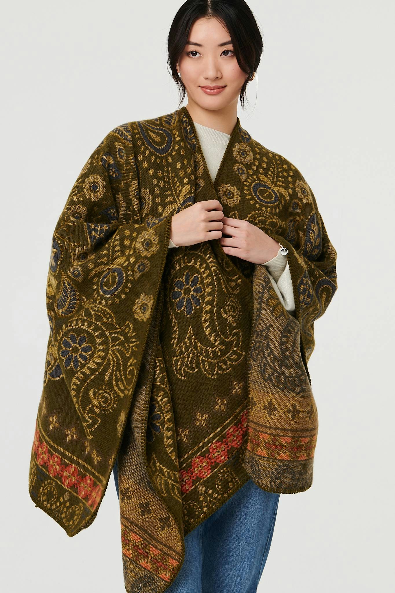 Izabel London Beige Border Print Longline Poncho - One