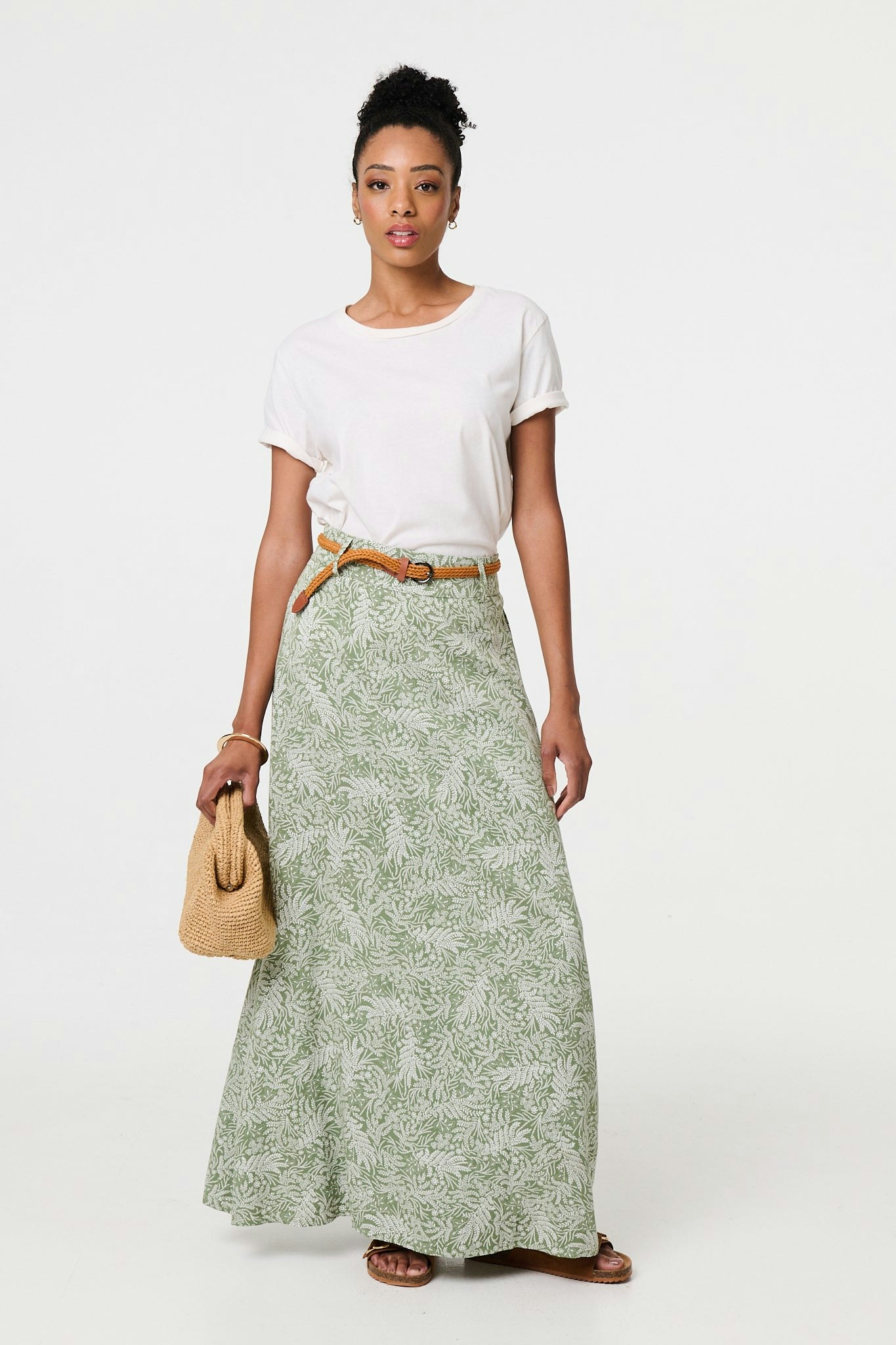 Izabel London Green Leaf Print Belt Detail Maxi Skirt - Size 14