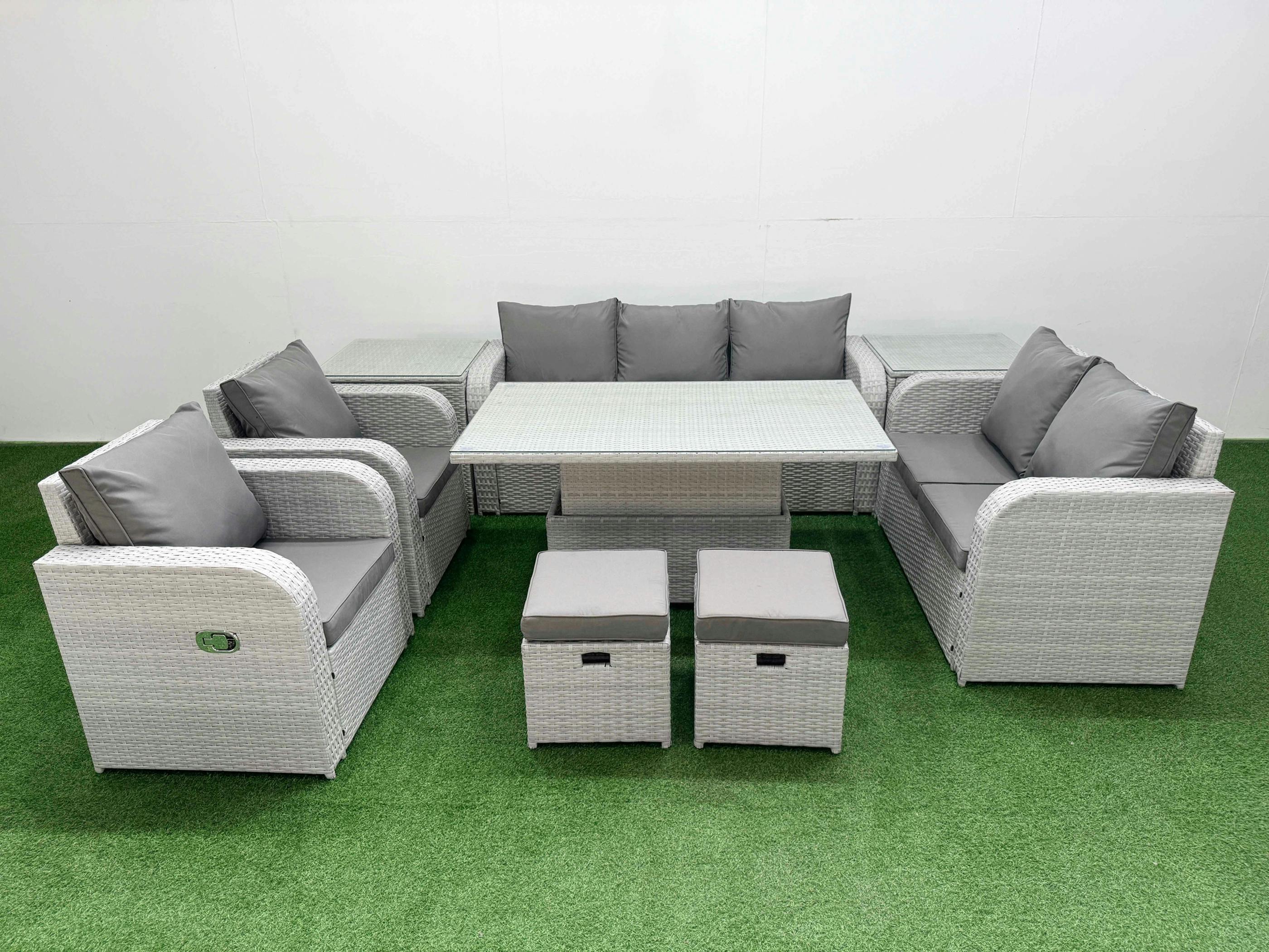 Rackhams Light/Grey Pe Rattan Patio Sofa Set, Adj Height Table, Reclining Sofa, Double Love Seat, 2 Seater Lounge, 2 Stools And 2 Side Tables,