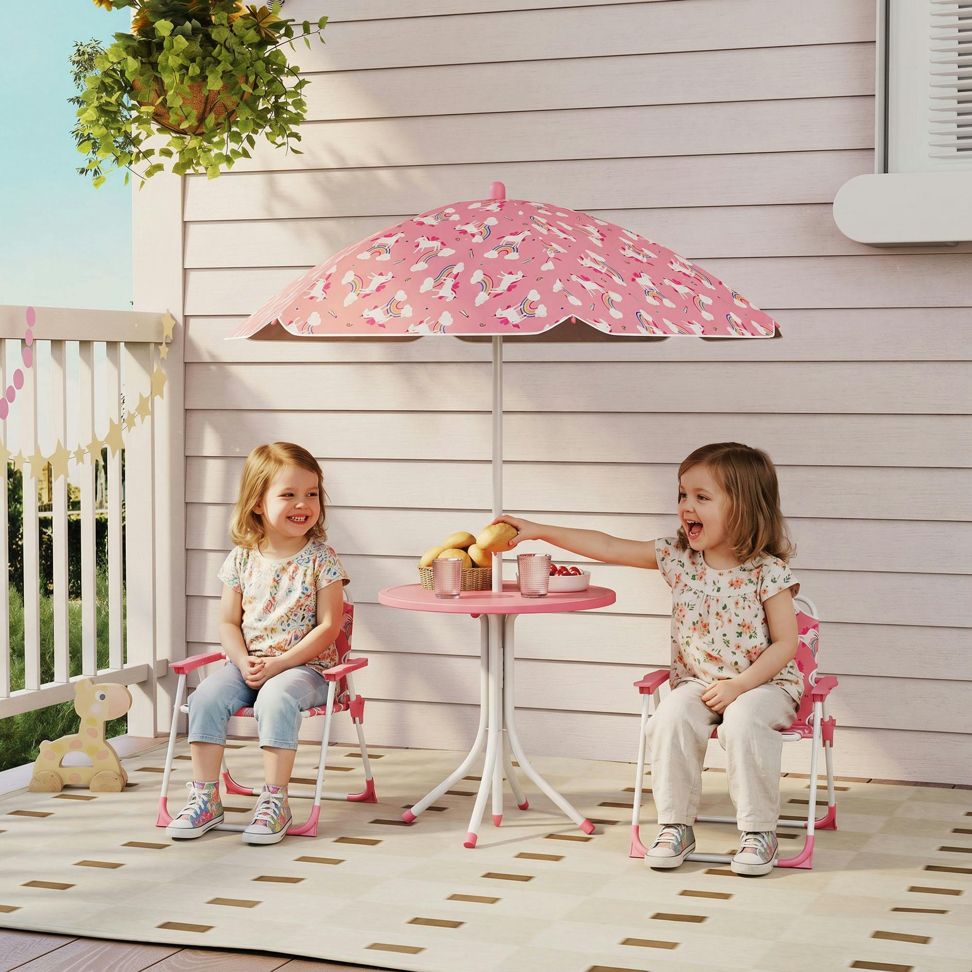 Rackhams Pink Kids Garden Furniture With 2 Folding Chairs And Umbrella,