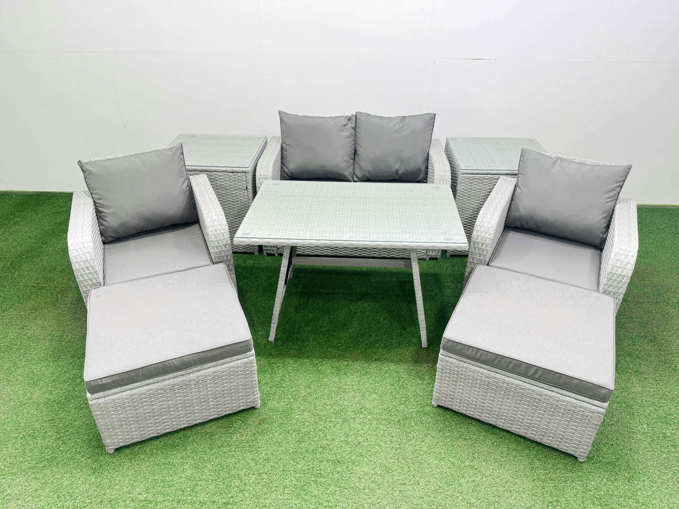 Fimous Light/Grey Pe Wicker Rattan Garden Furniture Set Sofa Set Reclining Chair Love Sofa Rectangular Dining Table 2 Big Stools 2 Side Tables