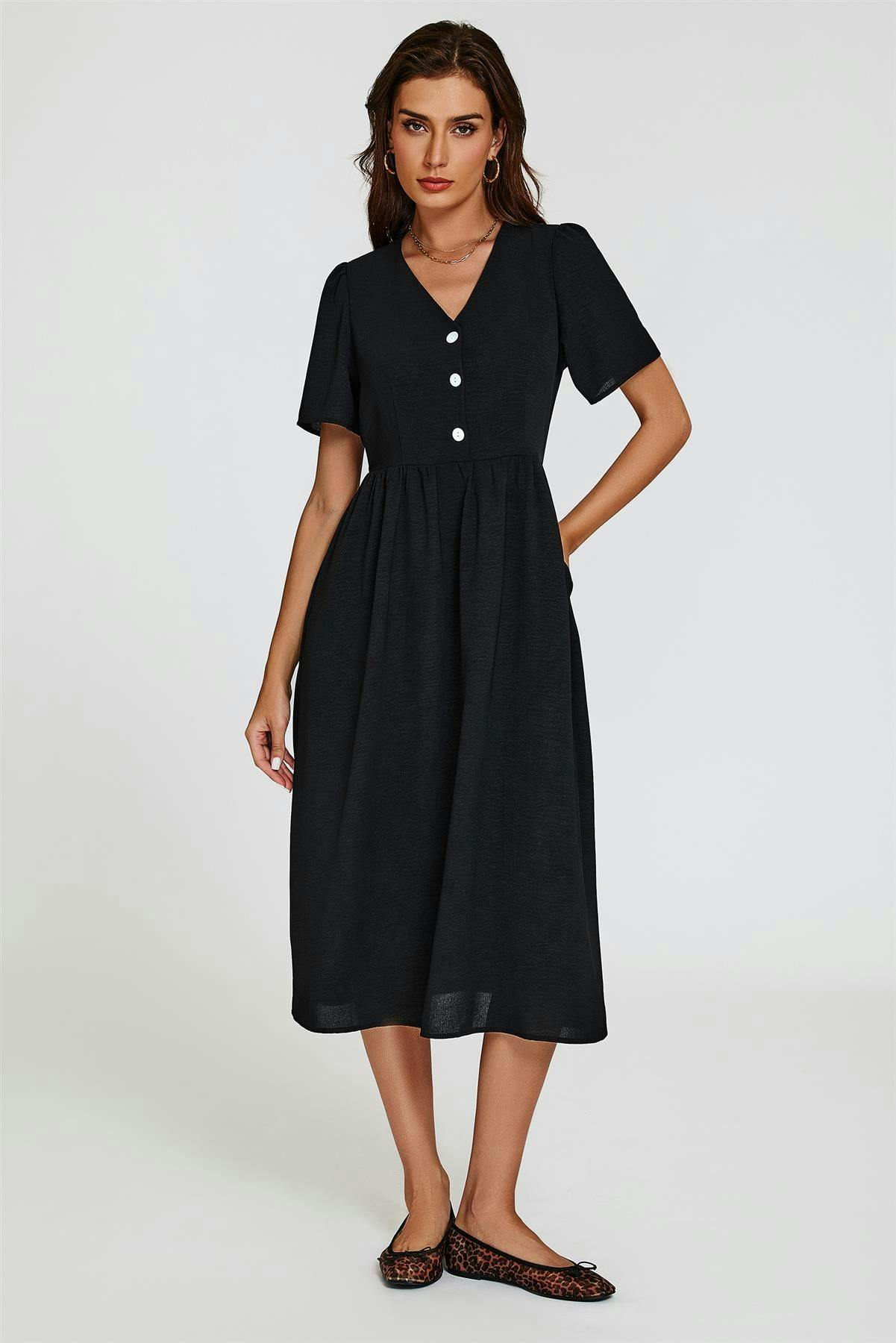 Fs Collection Black Button Front Midi Dress In - Xl