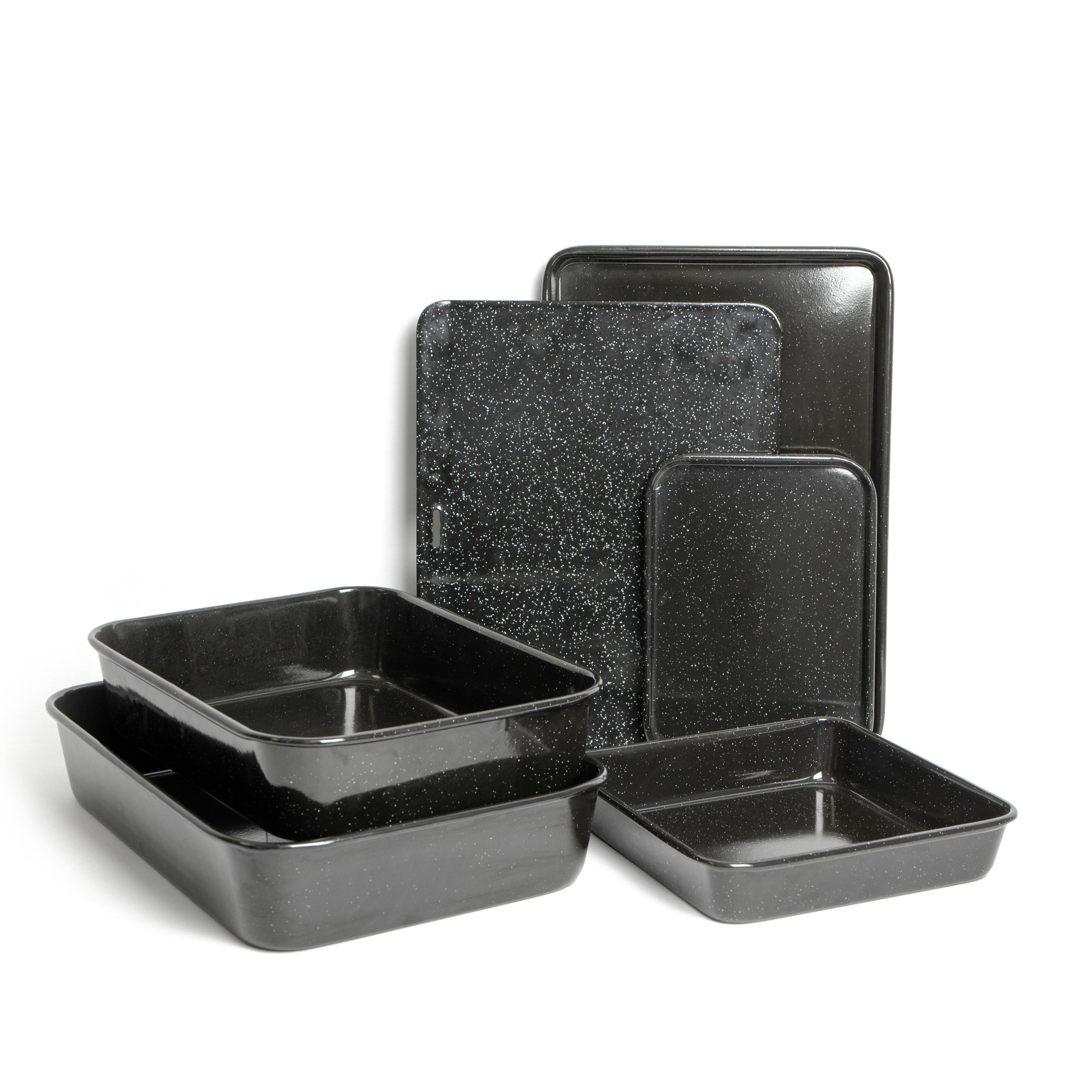 Rackhams Black 6Pc Vitreous Enamel Non-Stick Cookware Set With 2X Roasting Pans And 4X Baking Trays - Carbon Steel - Roasting Pans