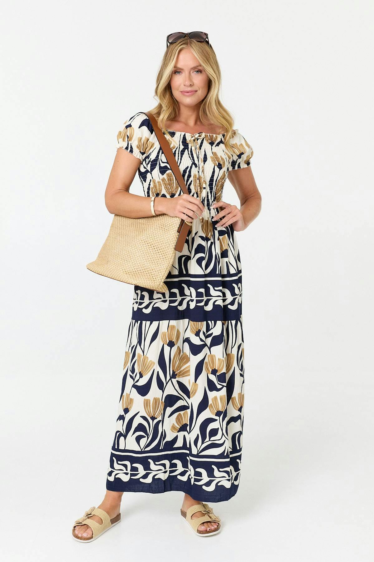 Izabel London Floral Short Sleeve Bardot Maxi Dress - M - Navy