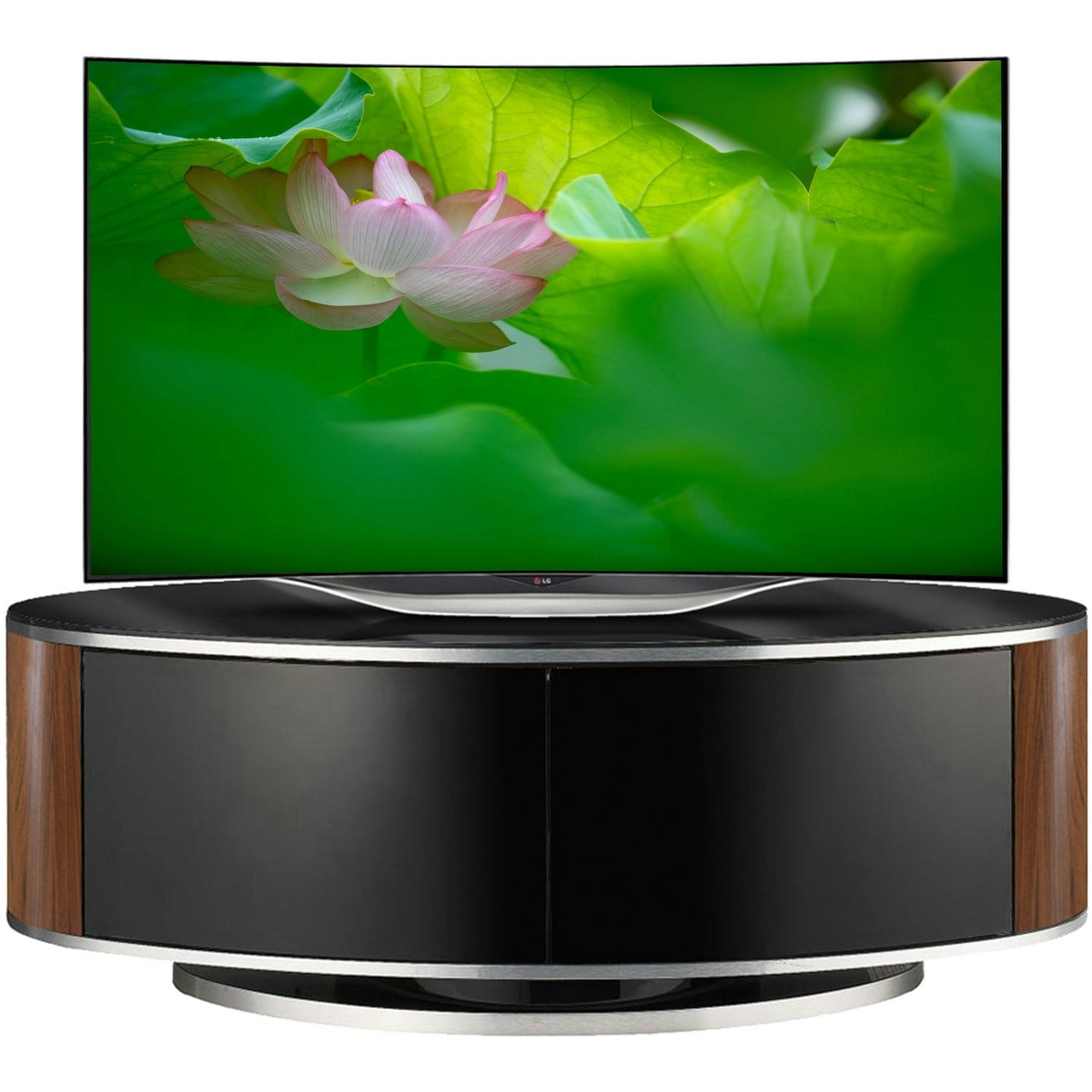 Mda Designs Luna Beam Thru Remote Friendly Up To 50" Lcd/ Oled/ Led Gloss Black With Walnut Sides Luxury Oval Tv Cabinet - Image 2