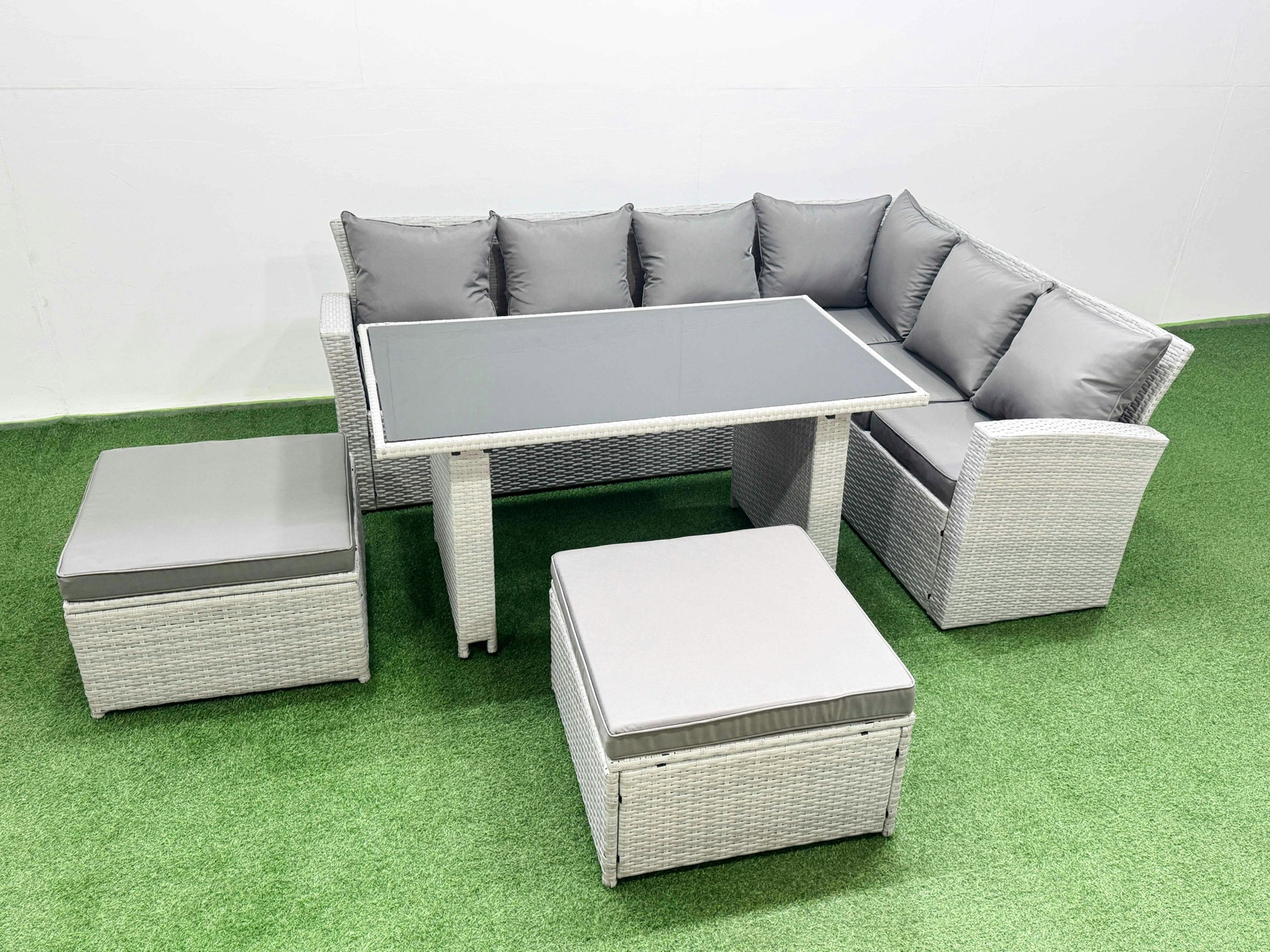 Rackhams Light/Grey Outdoor Garden Furniture Sets 8 Seater Wicker Rattan Corner Sofa Sets With Rectangular Dining Table Lounge Sofa 2 Big Footstool