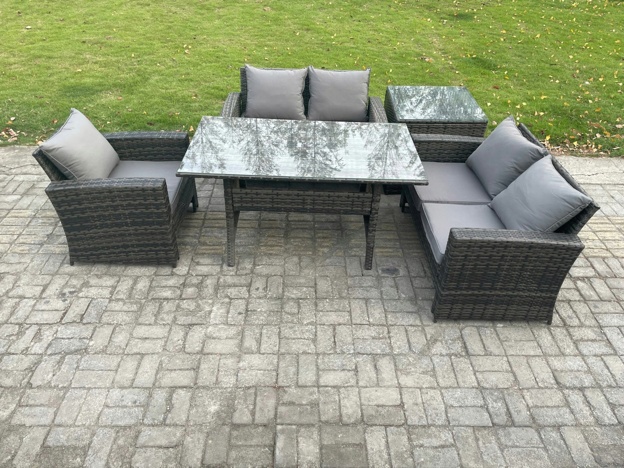Rackhams Dark/Grey Wicker Rattan Garden Dining Set Outdoor Furniture Sofa With Dining Table Double Seat Sofa Side Table Mixed