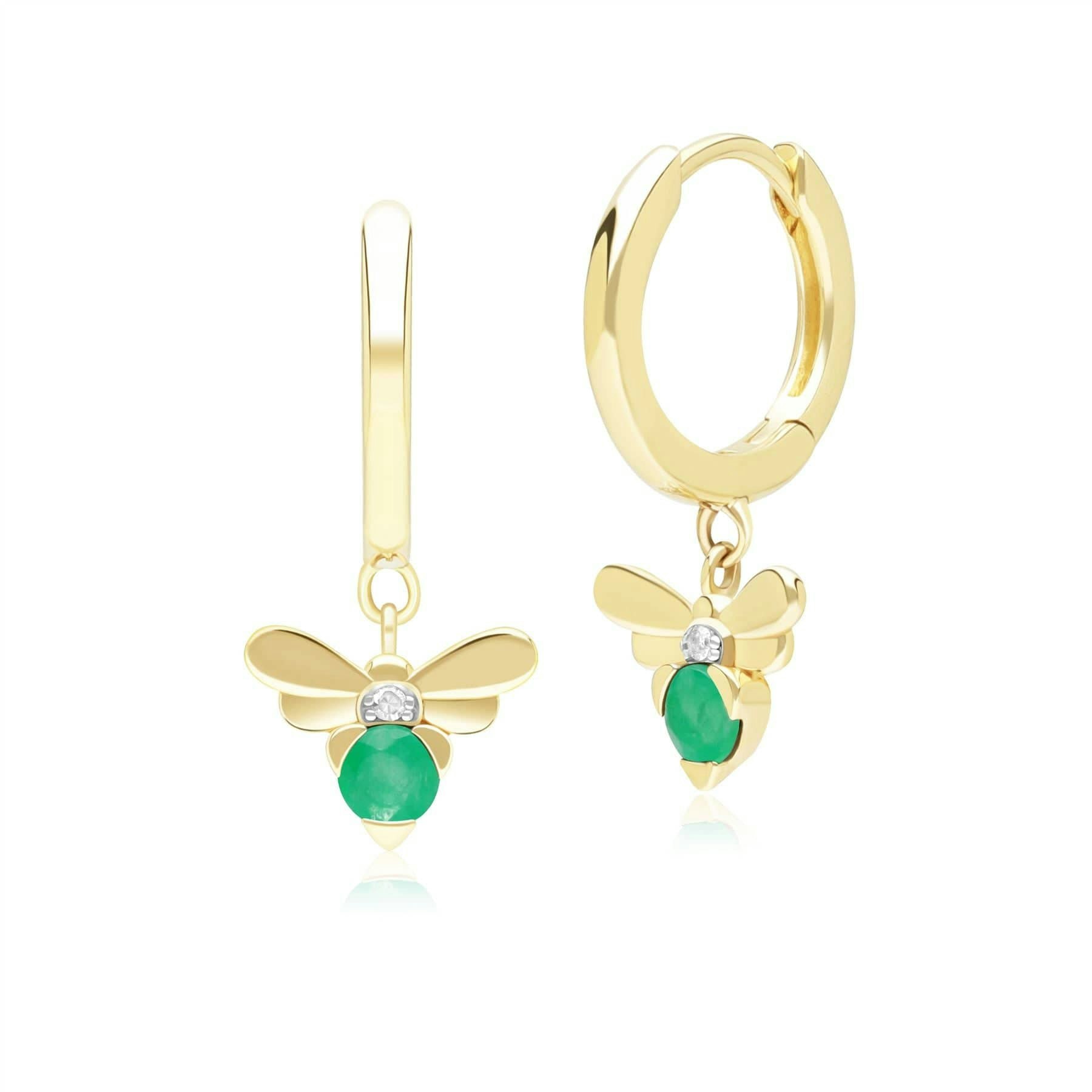 Gemondo Yellow/Gold Honeycomb Inspired Emerald And Diamond Bee Hoop Earrings In 9Ct