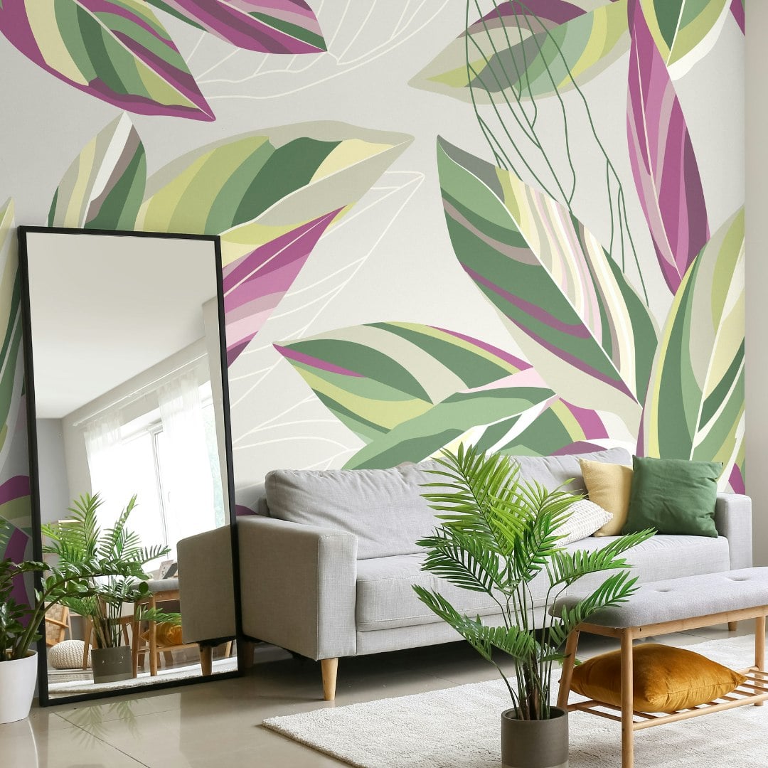 Rackhams Grey Botanical Calathea Leaves Wall Mural - Medium - W300cm X H240cm
