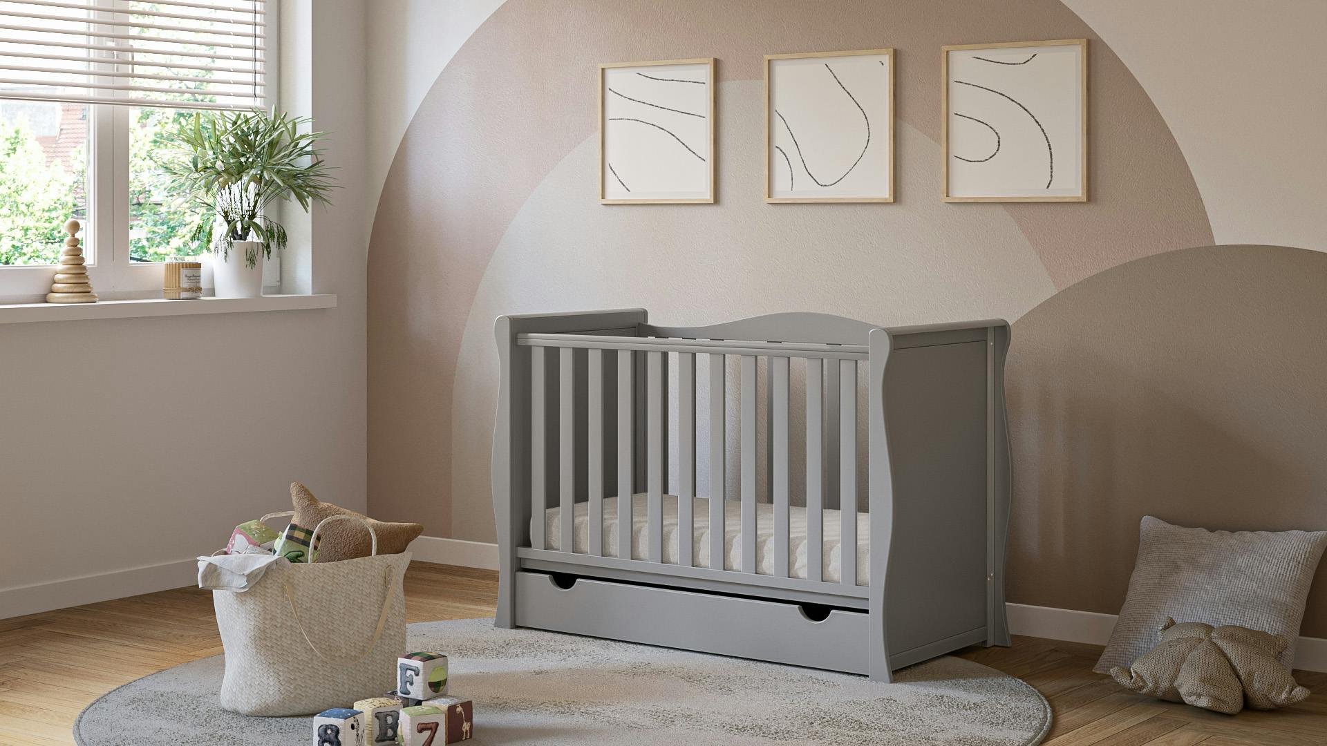 Viculii Grey Willow Sleigh Mini Cot Bed With Drawer And Pocket Sprung Hypoallergenic Mattress