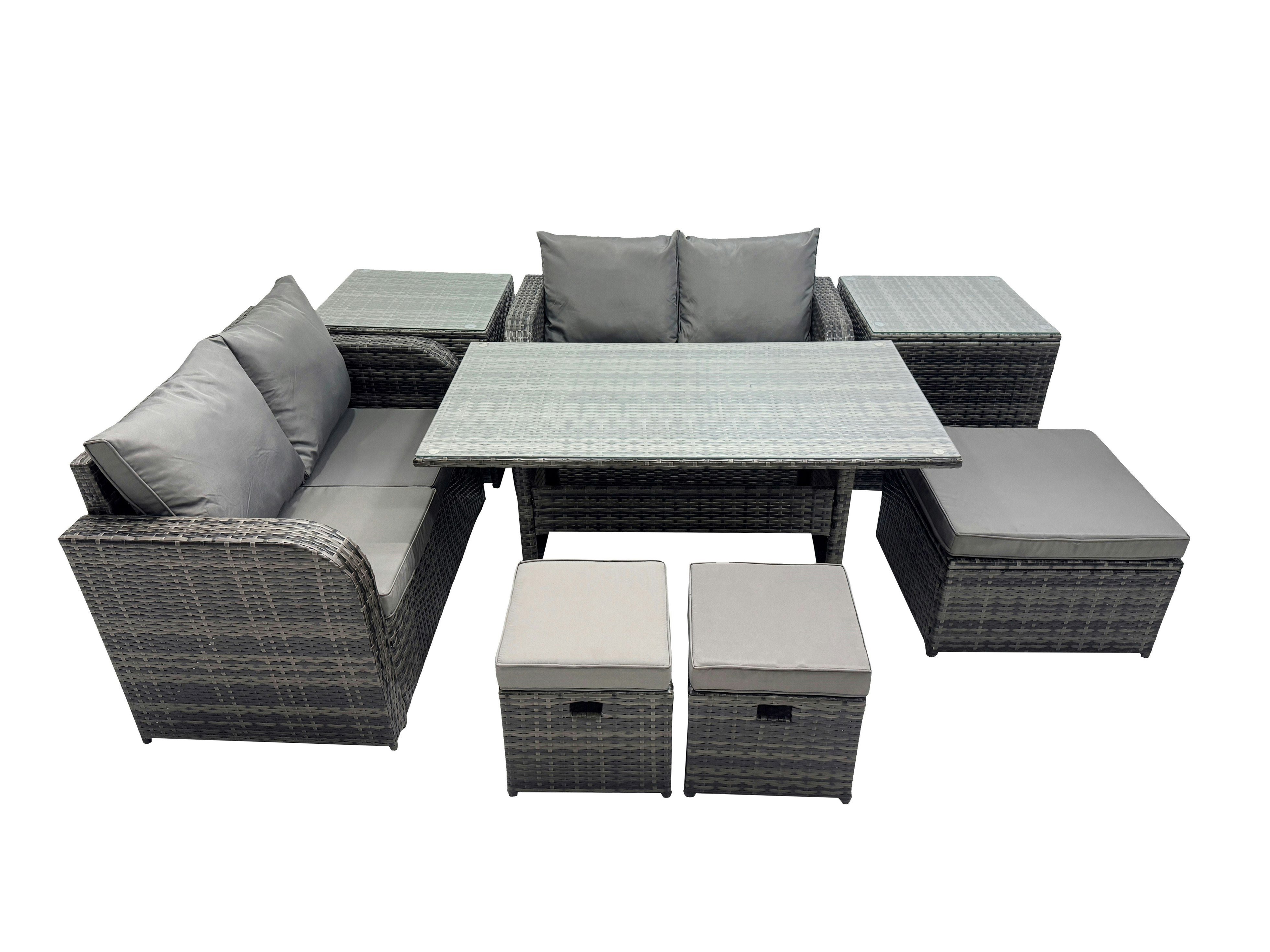 Rackhams Dark/Grey Wicker Pe Rattan Garden Outdoor Furniture Set Love Sofa Dining Table Sets With 3 Stools 2 Side Tables Mixed
