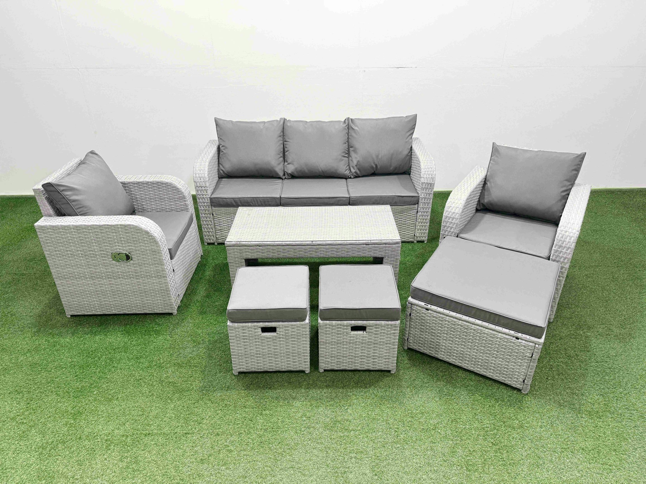 Fimous Light/Grey Pe Rattan Garden Furniture Set Reclining Chair Sofa Lounge Sofa Set Rectangular Coffee Table 3 Stools