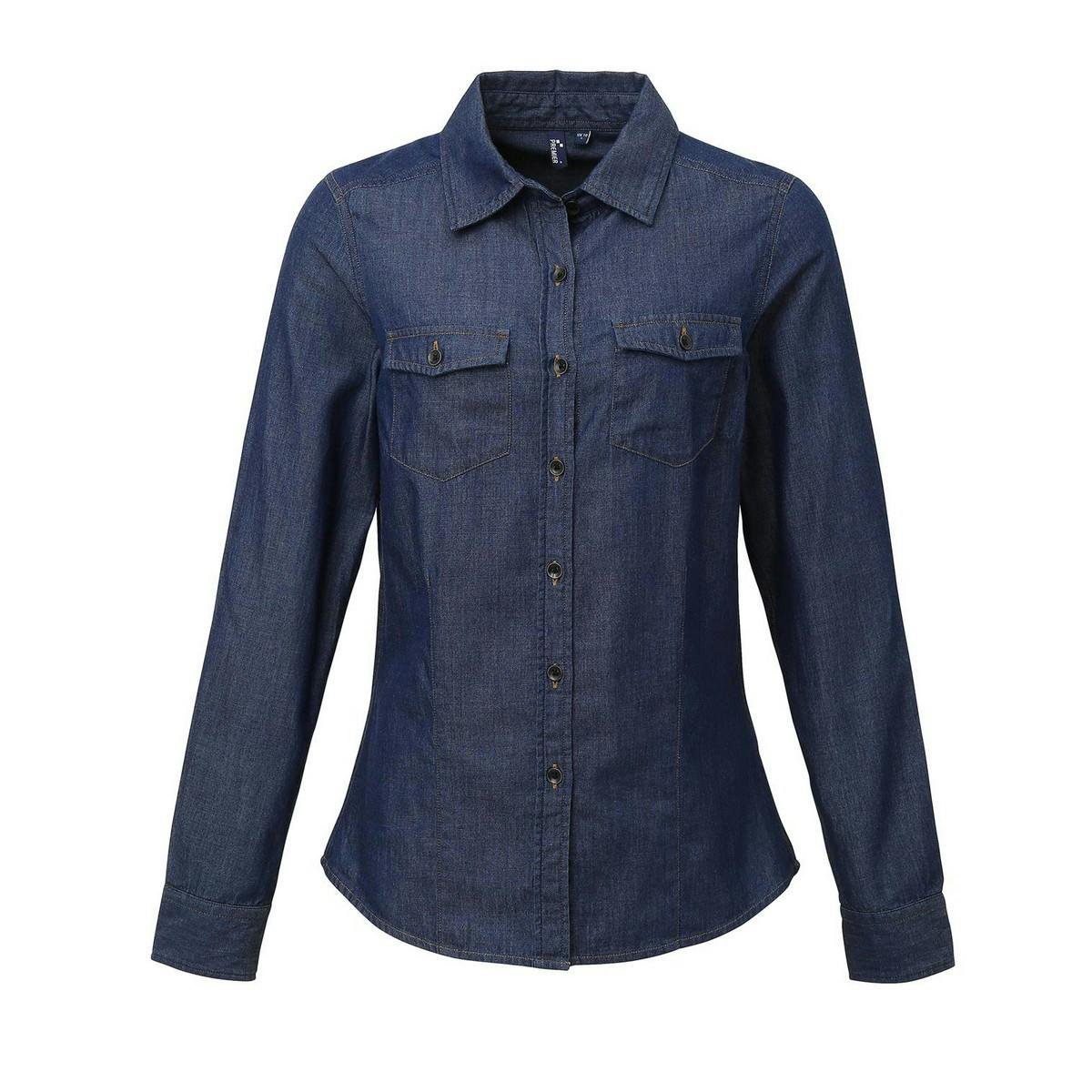 Premier Womens/Ladies Stitch Shirt (Indigo Denim) - Indigo Blue Cotton - Size Medium - Image 3