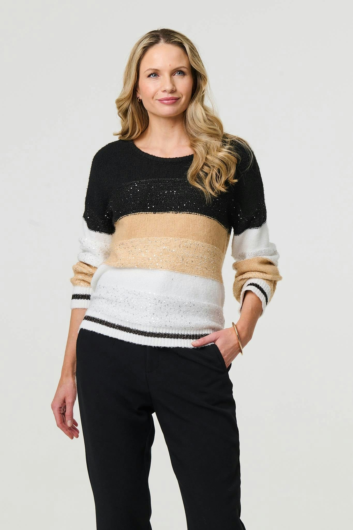 Izabel London Beige Colour Block Drop Shoulder Knit Jumper - 12