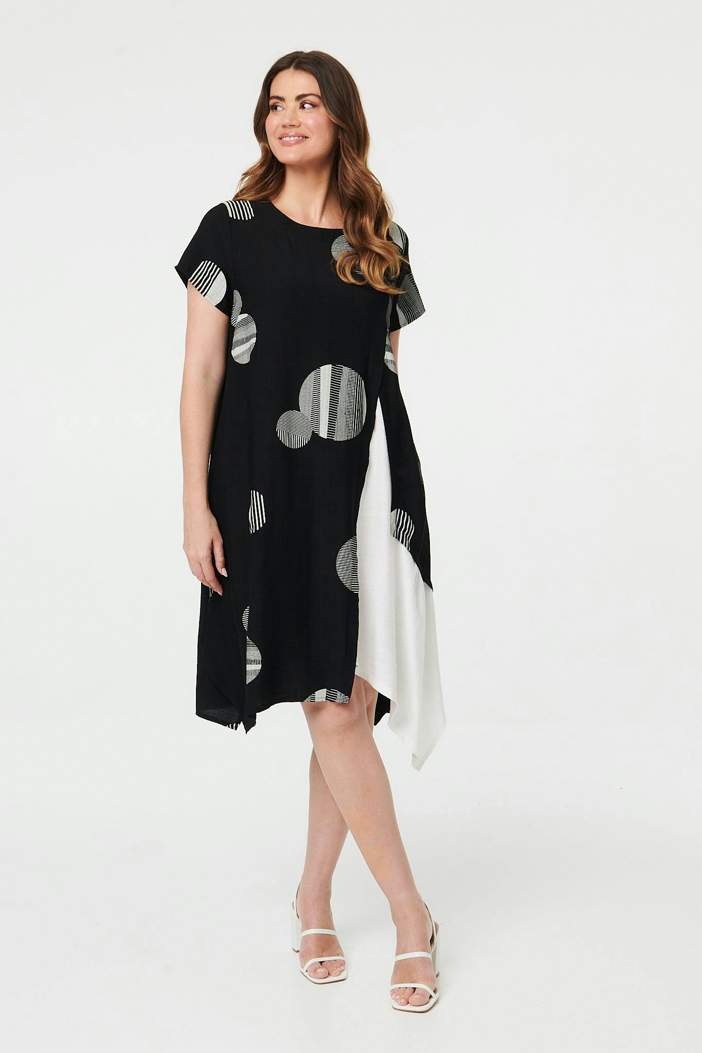 Izabel London Black Spotty Relaxed Hanky Hem Midi Dress - 8