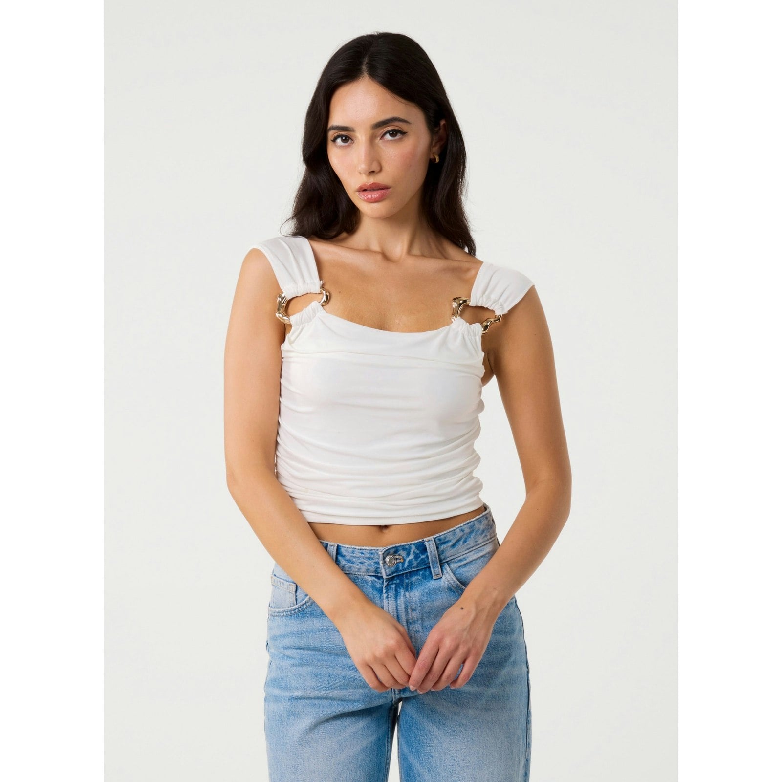 Pink Vanilla Pink/Gold/Ivory Vanilla Buckle Front Crop Top - S
