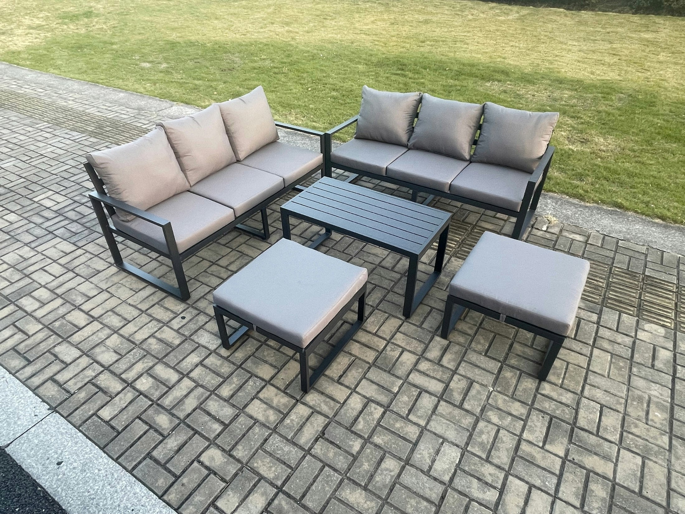 Fimous Dark/Grey Aluminium Patio Outdoor Garden Furniture Lounge Sofa Set With Oblong Coffee Table 2 Big Footstools