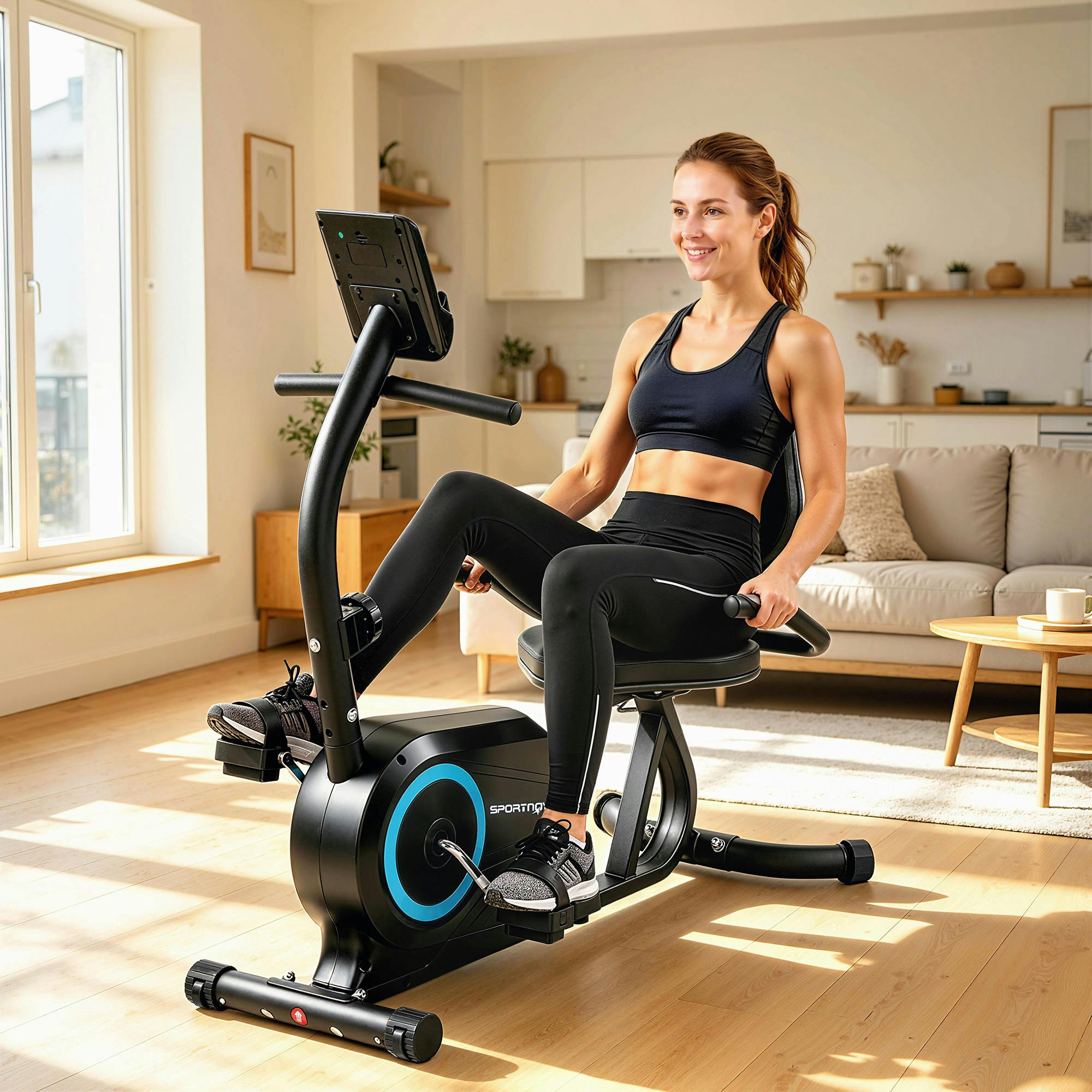 Sportnow Unisex Black Recumbent Exercise Bike With Bluetooth, App Connectivity, Wheels In - Image 2