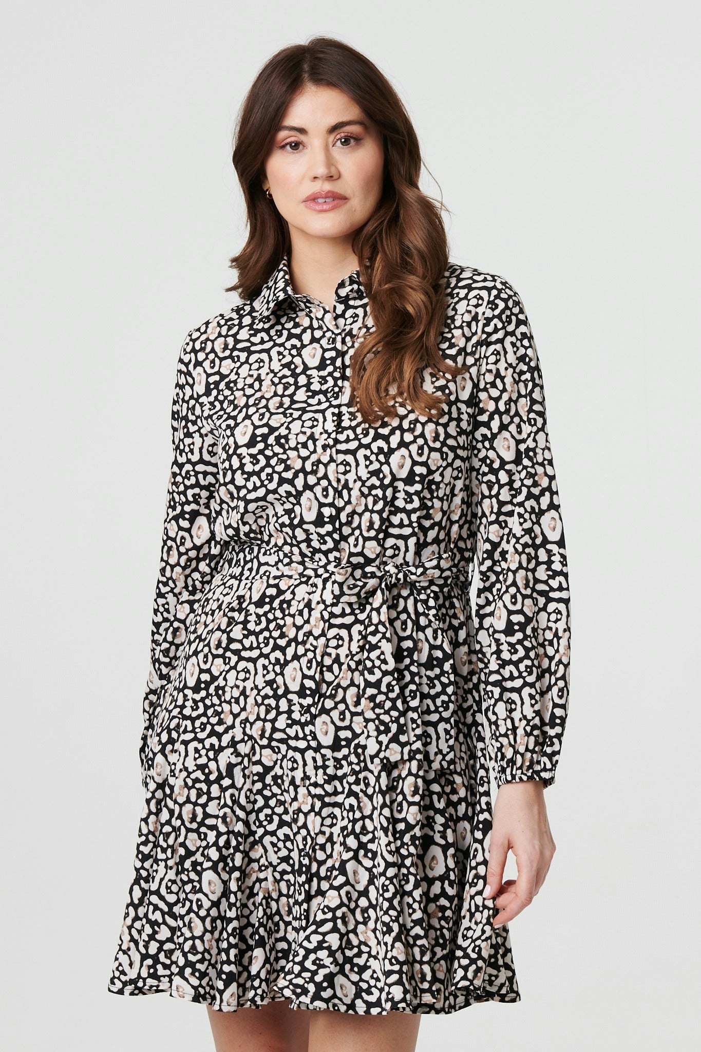 Izabel London Black Animal Print Tie Waist Short Shirt Dress - 14