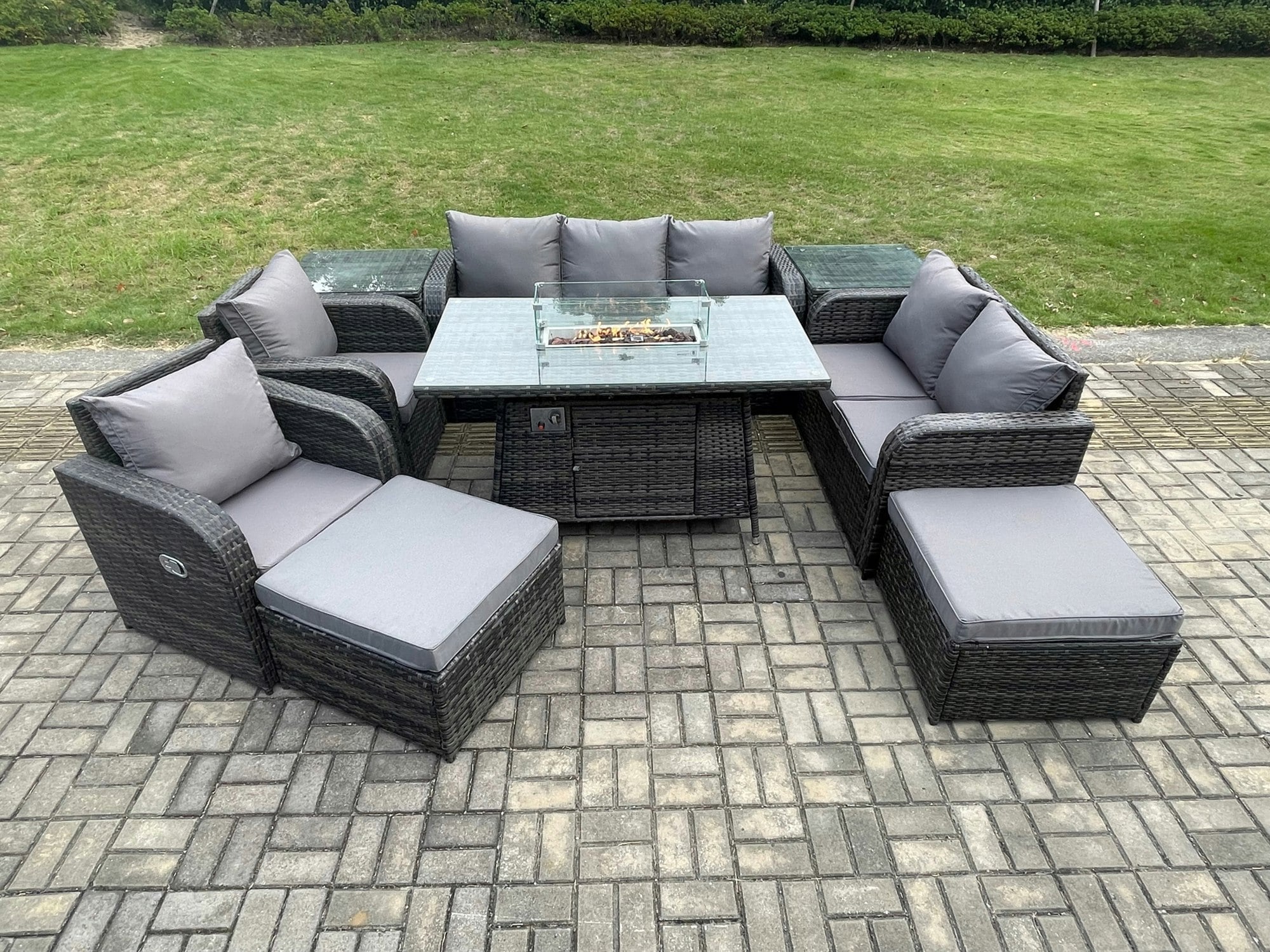 Rackhams Dark/Grey Rattan Outdoor Garden Furniture Set With Gas Fire Pit Table, 2 Sofas, 2 Chairs, 2 Side Tables, 2 Footstools - 9 Seater