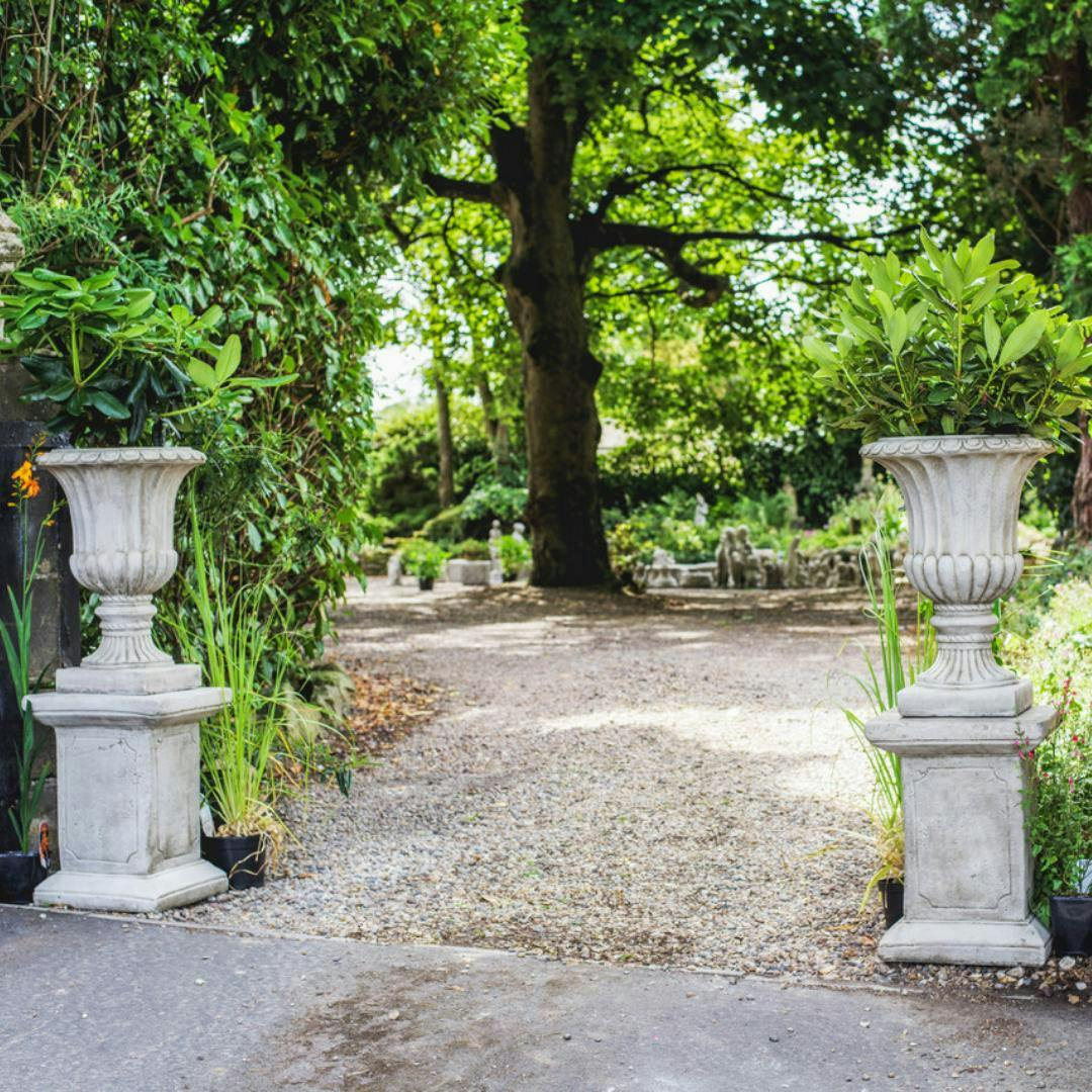 Osn Dgs Statues Pair Of Large Stone Cast Flute Urns And Classic Plinths
