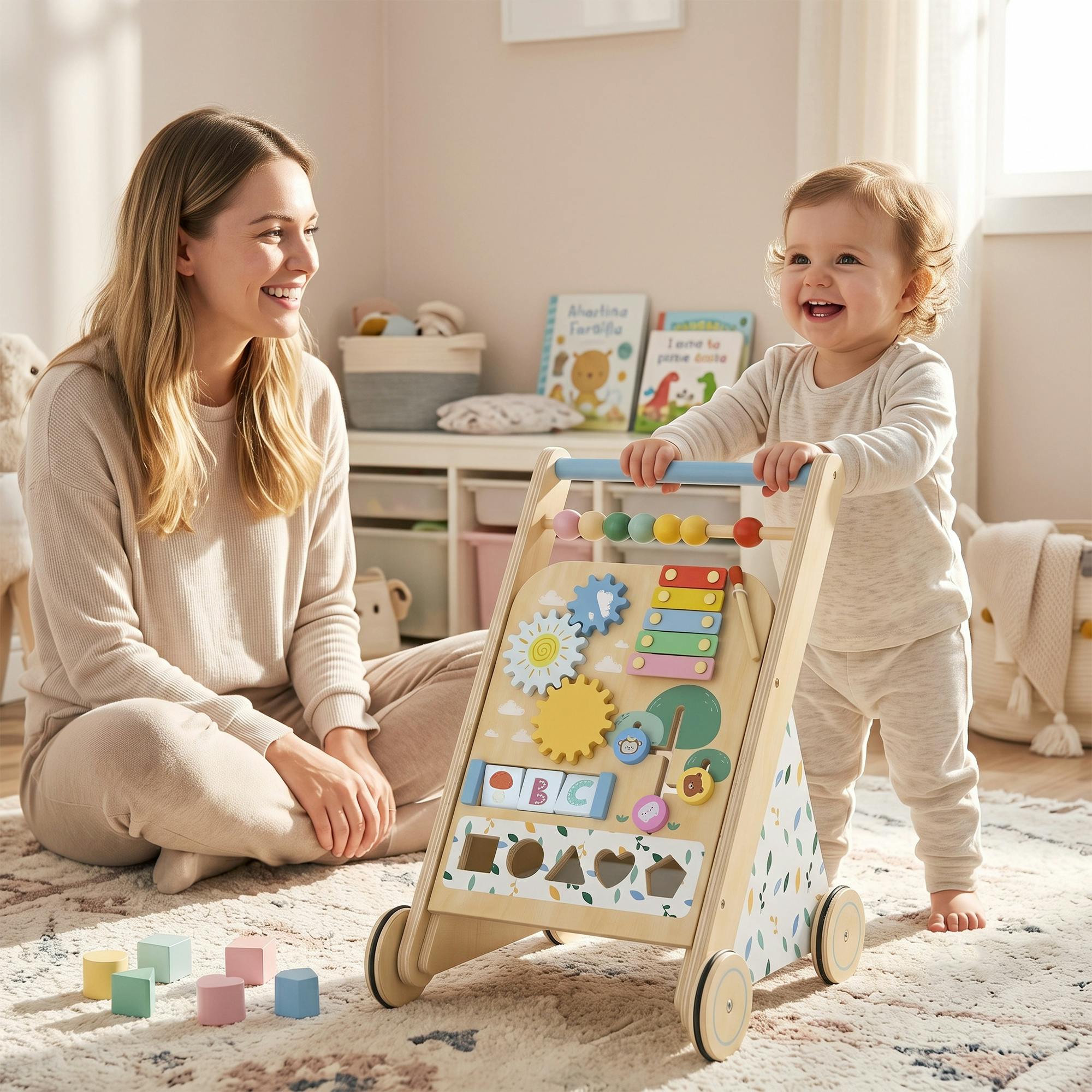 Aiyaplay White Wooden Baby Walker With Speed Control, Activity Centre For 18 M+