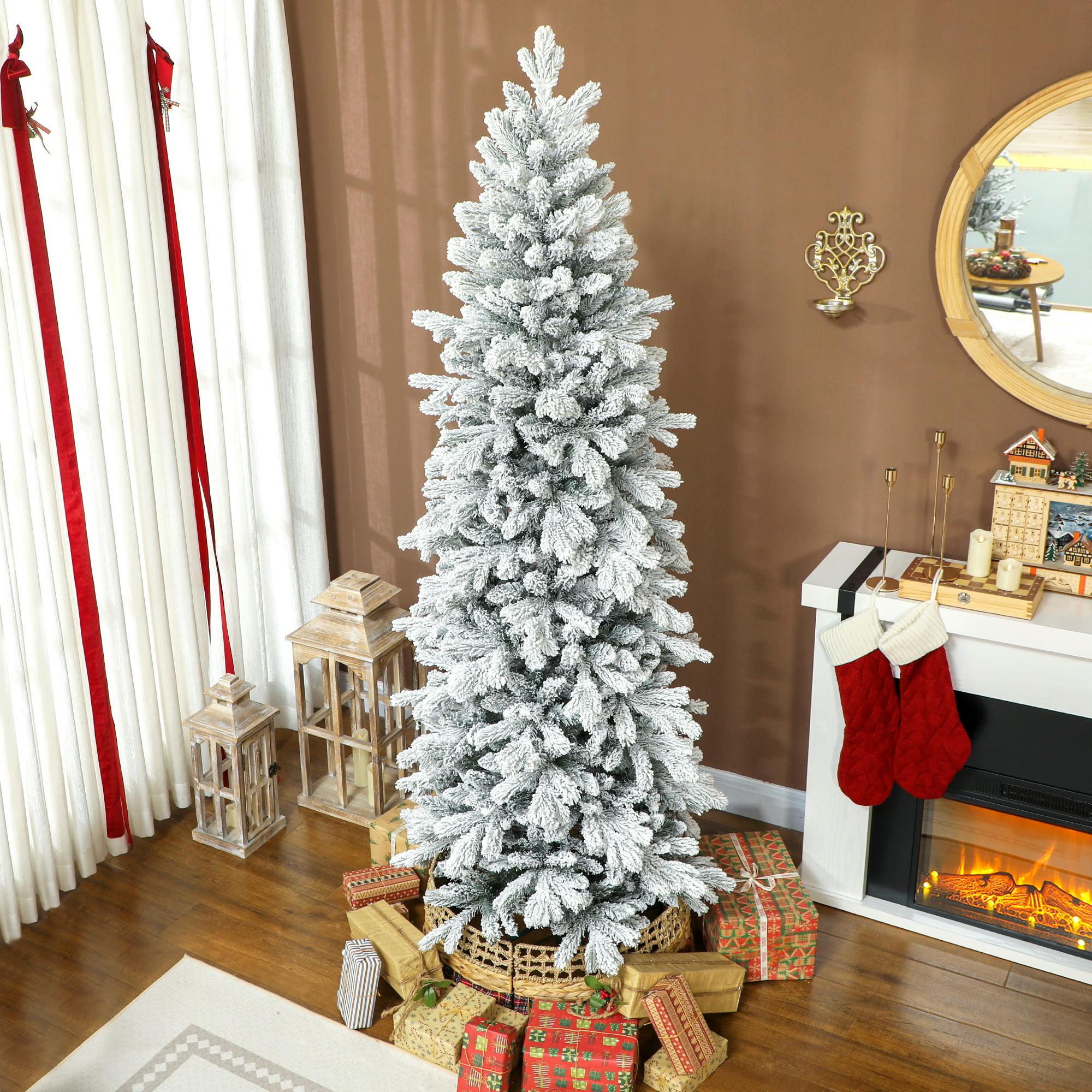 Homcom Green/White 7Ft Pencil Christmas Tree With Snow, Realistic Tips, Easy Assembly - Christmas Tree - 1 - 84L X 84W X 210H Cm