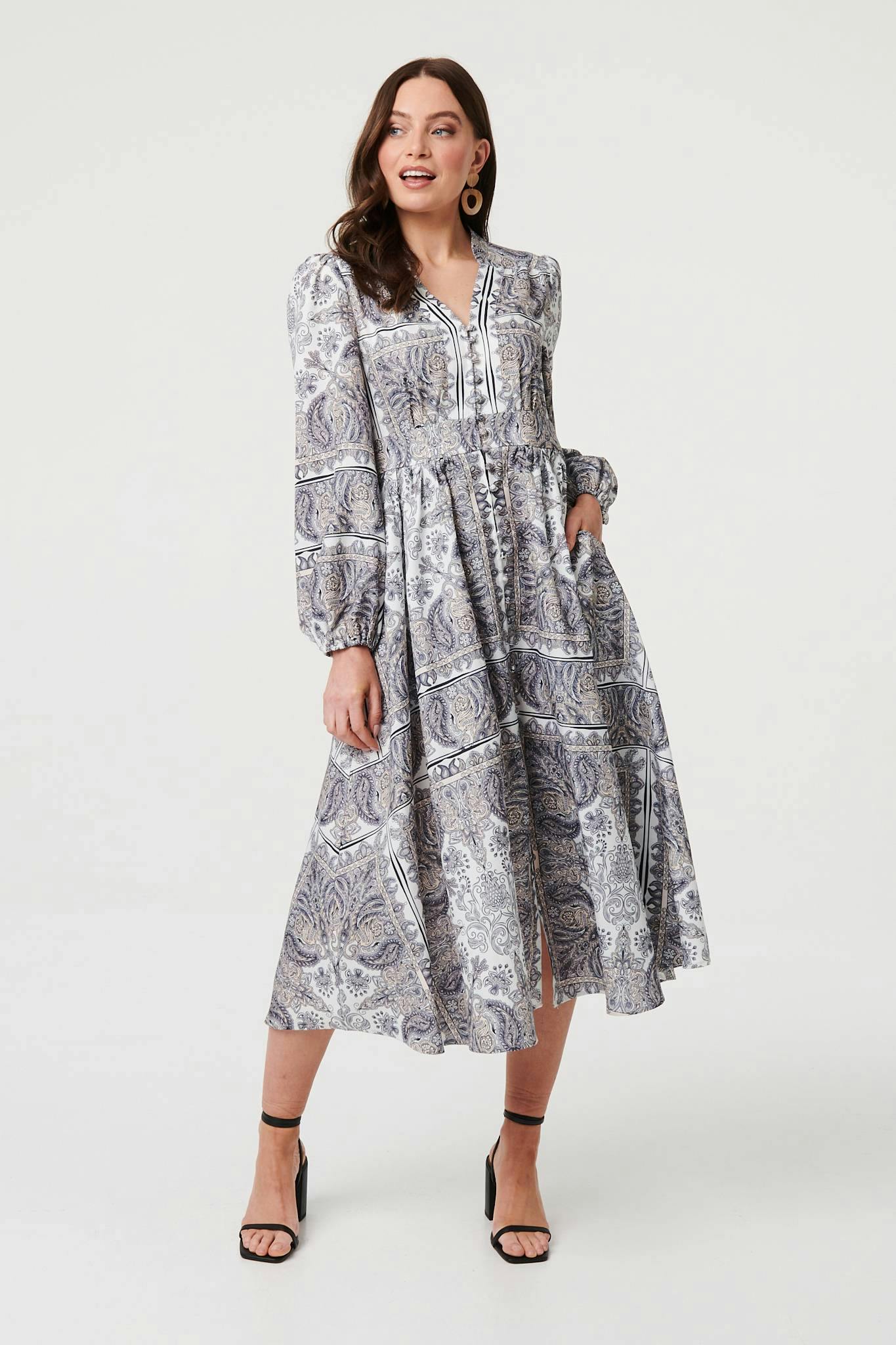 Izabel London Grey Printed Long Sleeve Shirred Midi Dress - 10