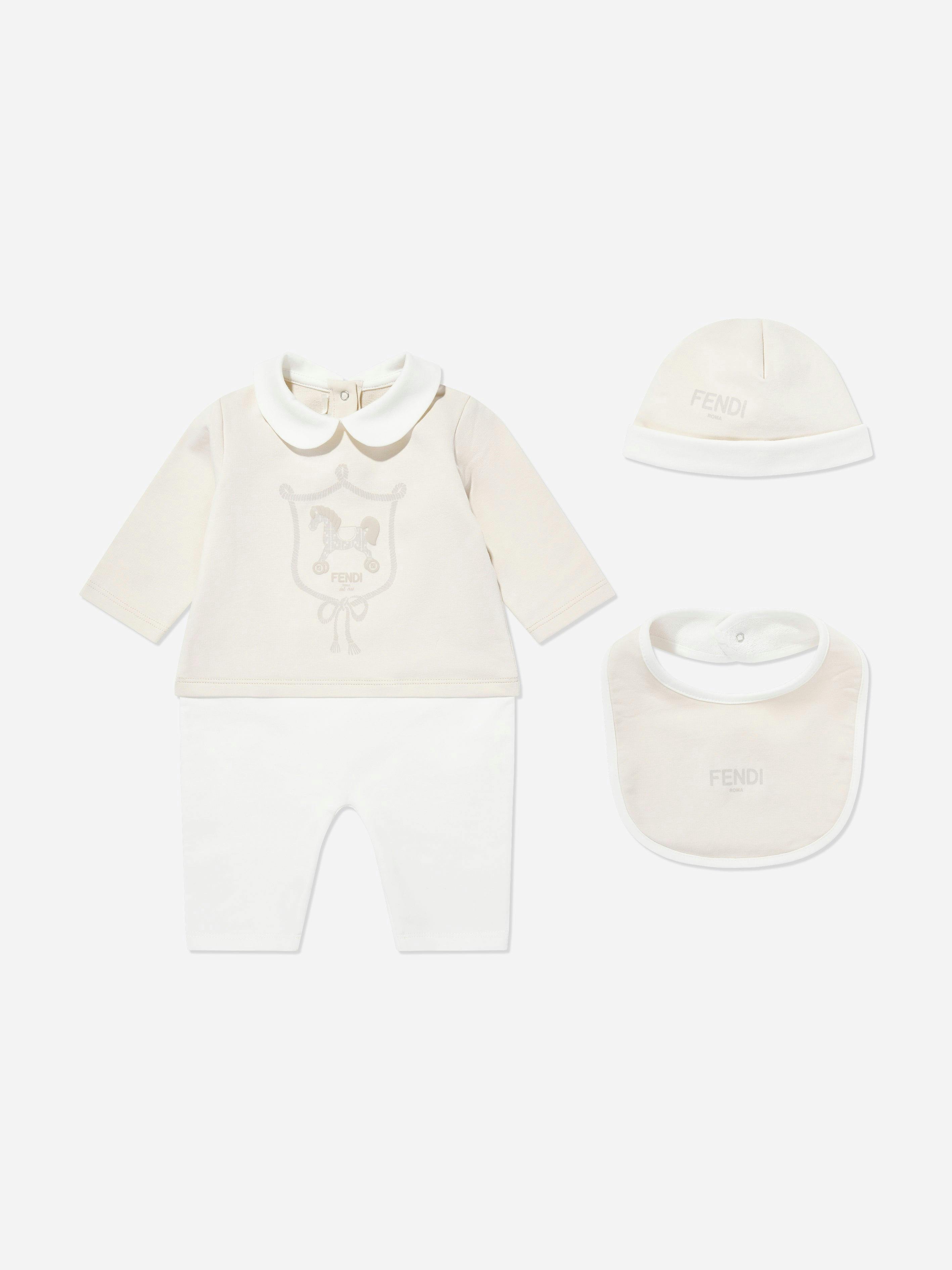 Fendi Kids Unisex Kids Beige Fendi Baby Cotton Romper Set In - 6 Mths