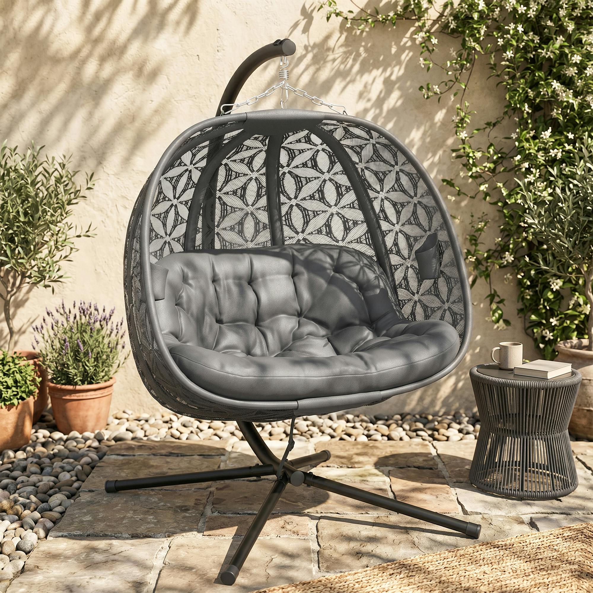 Outsunny Grey Double Hanging Swing Chair W/ Stand & Cup Holders, Charcoal