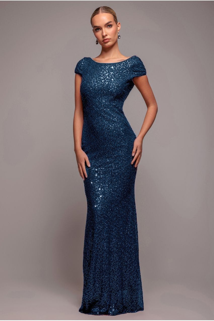 Goddiva Cowl Back Sequin Maxi Dress - Navy By - Navy - 12