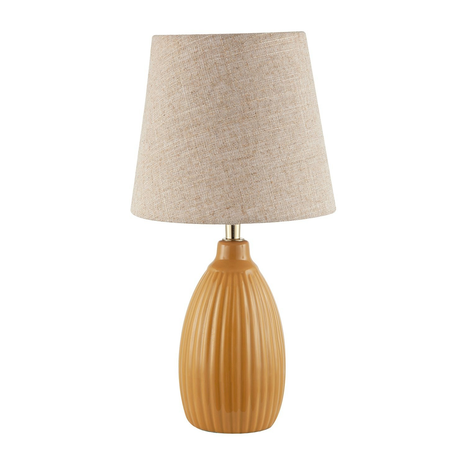 Happy Homewares White/Black/Light Mustard Etched Lined Ceramic Gloss Table Lamp With Linen Fabric Shade