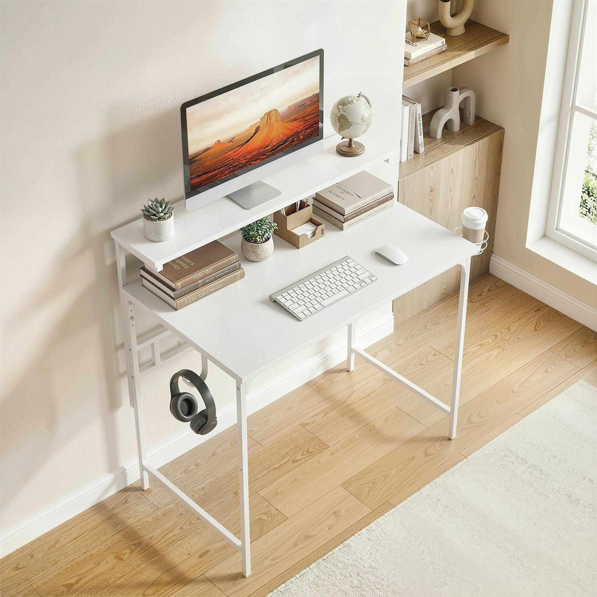 Rackhams White Computer Desk, 80Cm Home Office Study Table With Hutch Shelf
