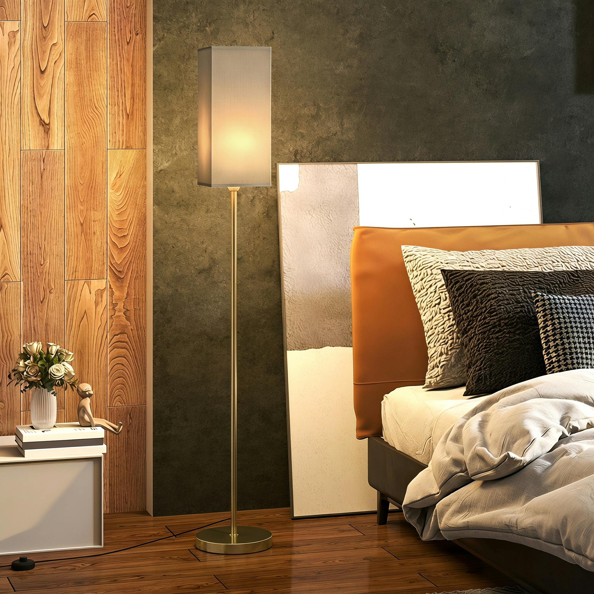 Rackhams Gold Floor Lamp, Modern Standing Lamp With Linen Shade, Tone