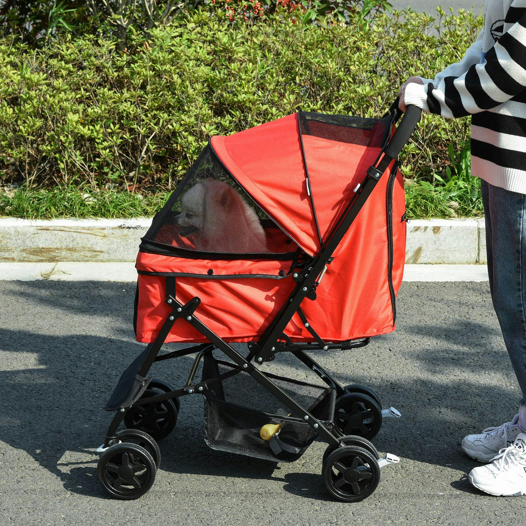 Pawhut Red Pet Stroller Dog Foldable Travel Carriage With Reversible Handle