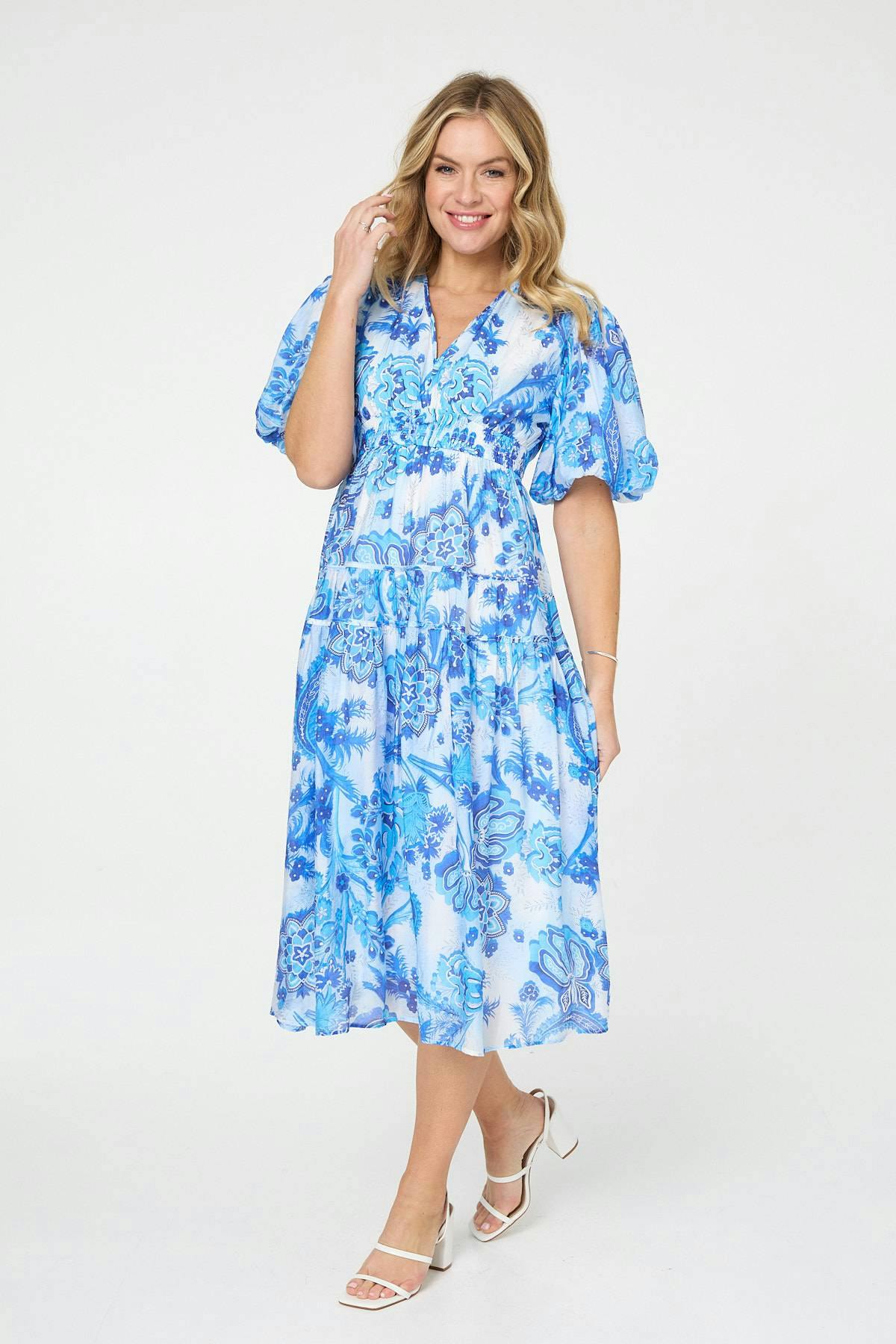 Izabel London Blue Floral Tiered Puff Sleeve Midi Dress - 10