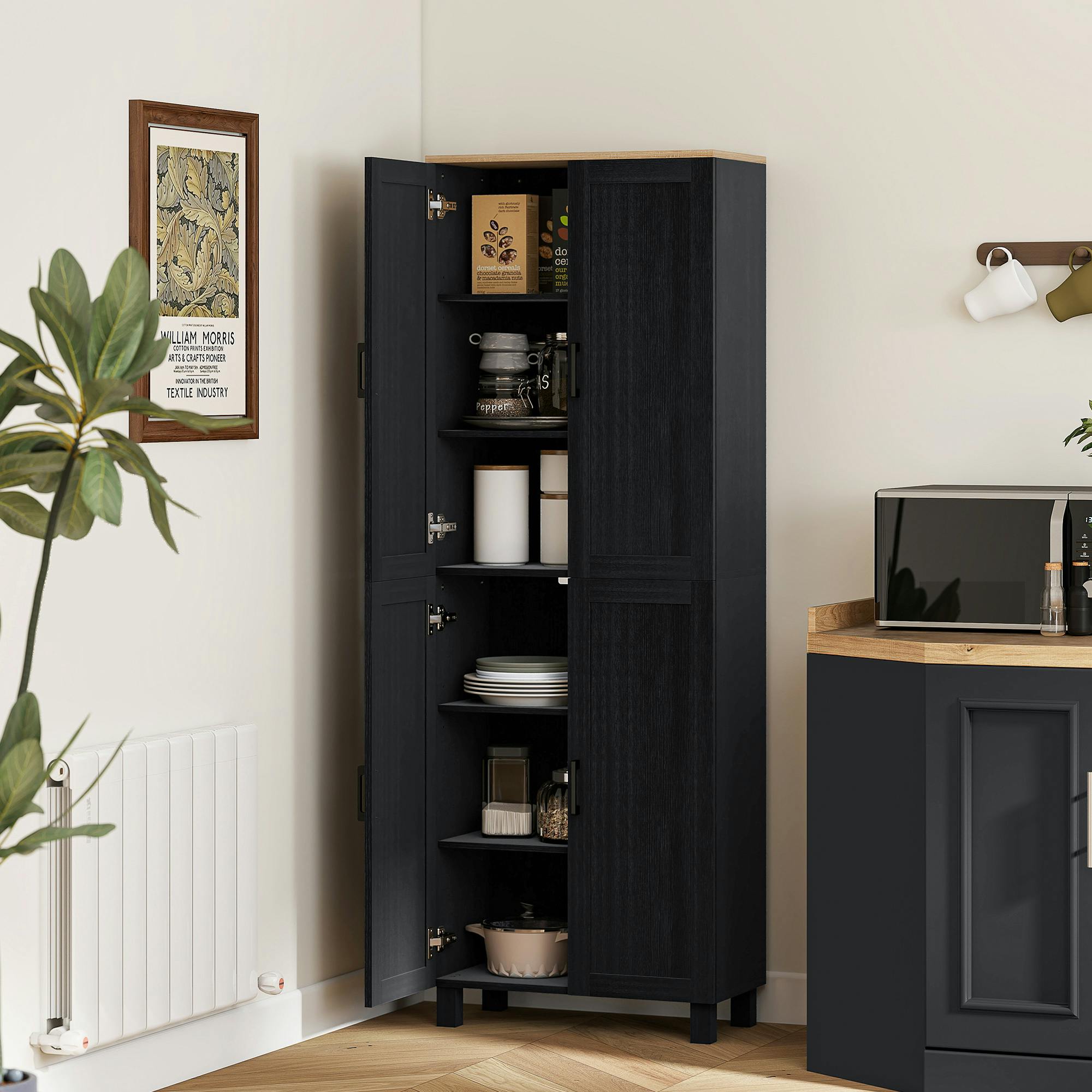 Homcom Black Modern Kitchen Cupboard Storage Cabinet With 4 Shelves, - Kitchen Cupboard - Particle Board