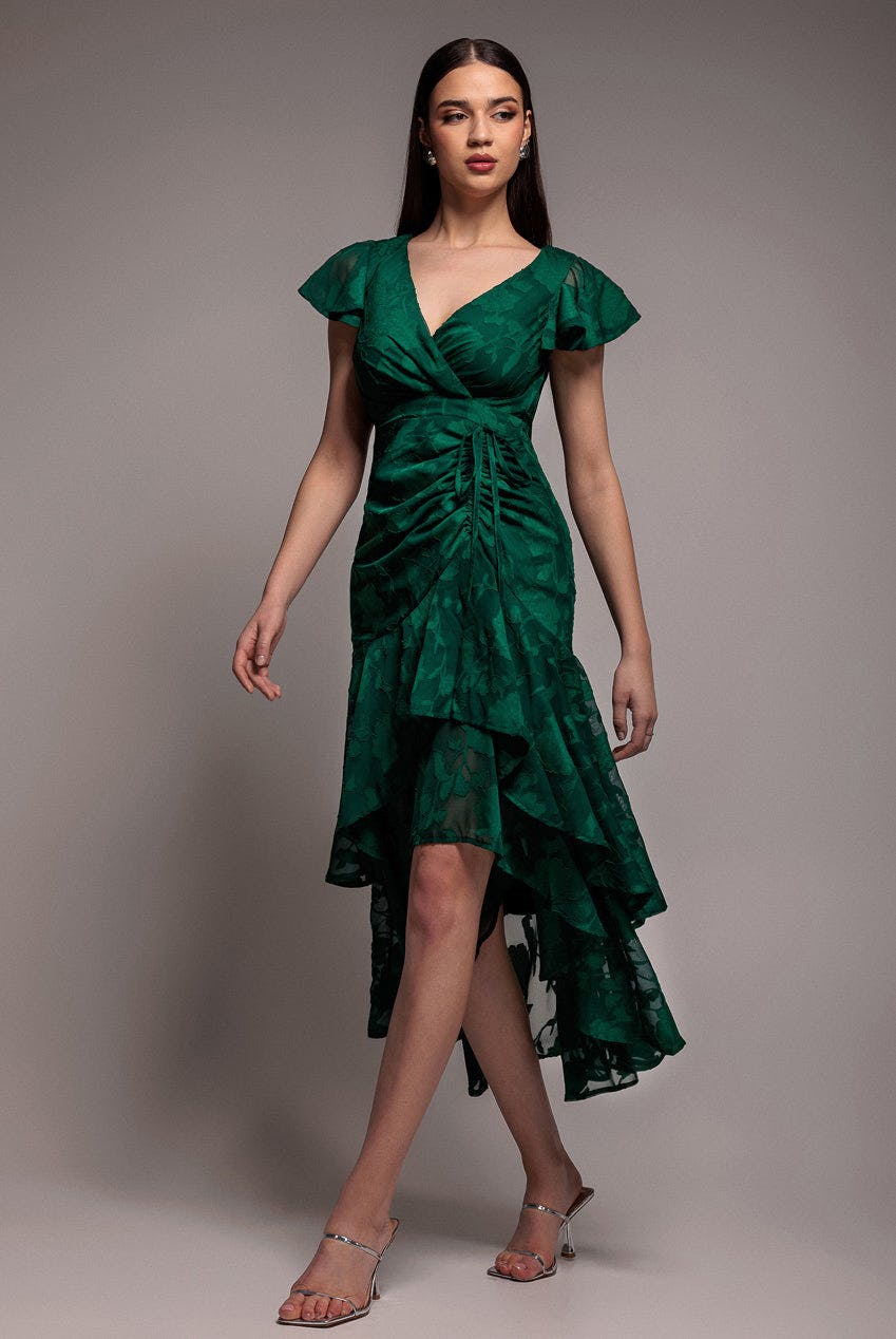Goddiva Green Jacquard Chiffon Wrap High Low Midaxi Dress - Emerald By - Emerald - 12