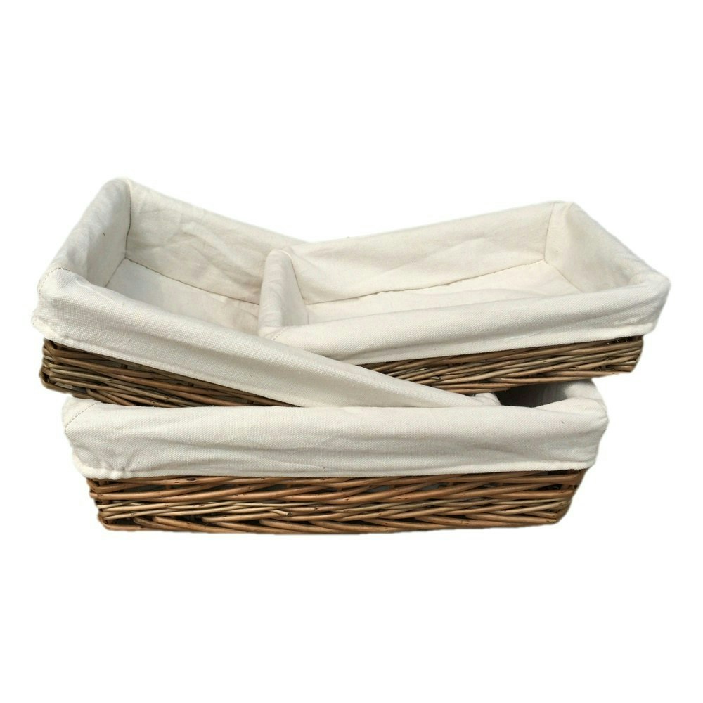 Red Hamper Lined Antique Wash Rectangular Straight Sided Wicker Tray - Set Of 3
