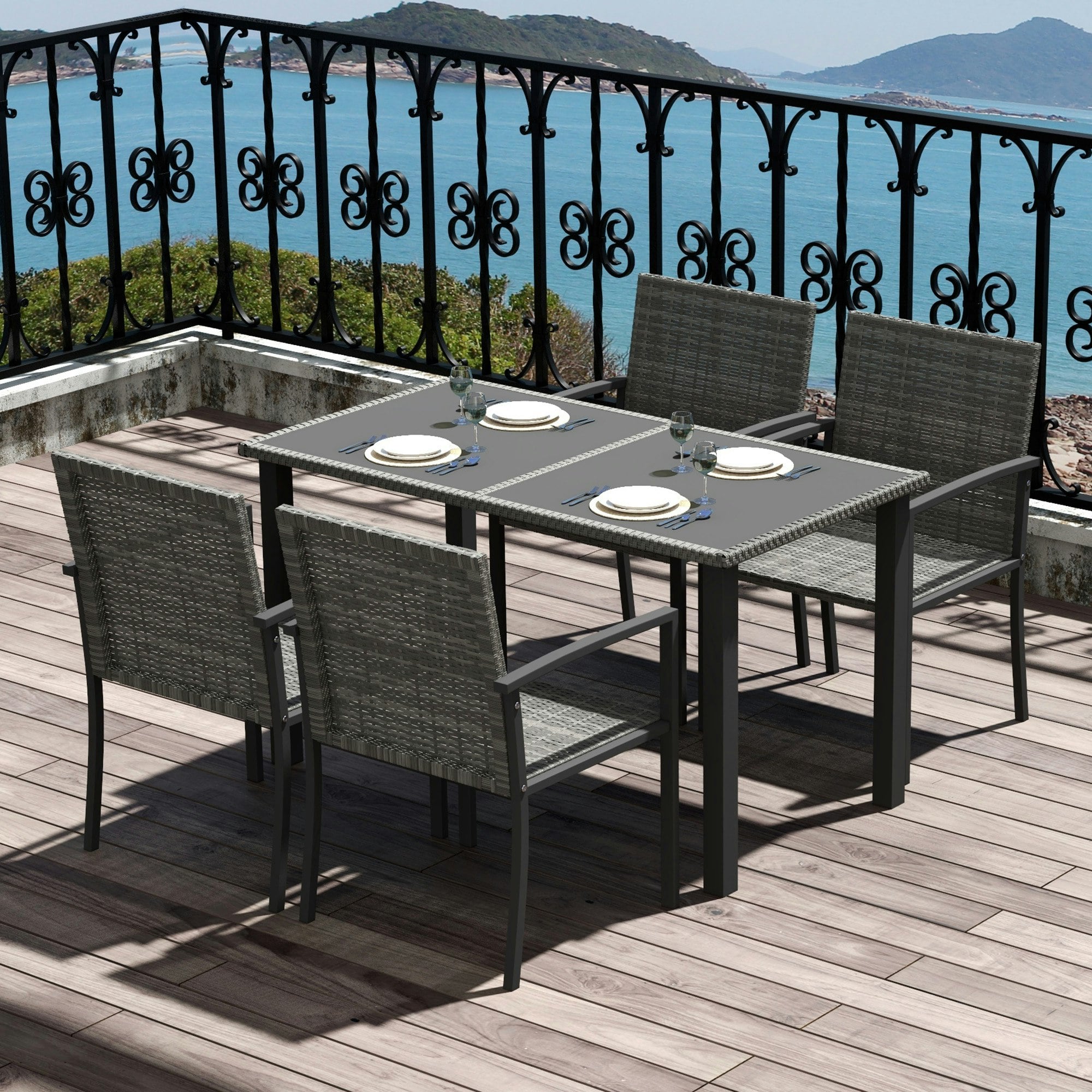 Rackhams Grey Rattan Garden Furniture For 4, Dining Table And Chairs, Mixed - Galvanised Steel, Pe Rattan, Glass