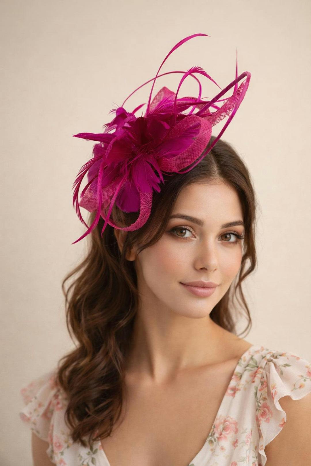 Svnx Fuchsia Floral Feather Fascinator With Loops In